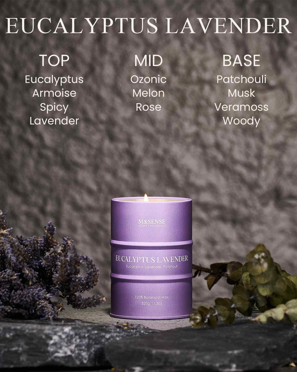 M&SENSE Eucalyptus Lavender Scented Candle – Natural Non-Toxic Soy Blend, 11.3oz, 70 Hour Burn