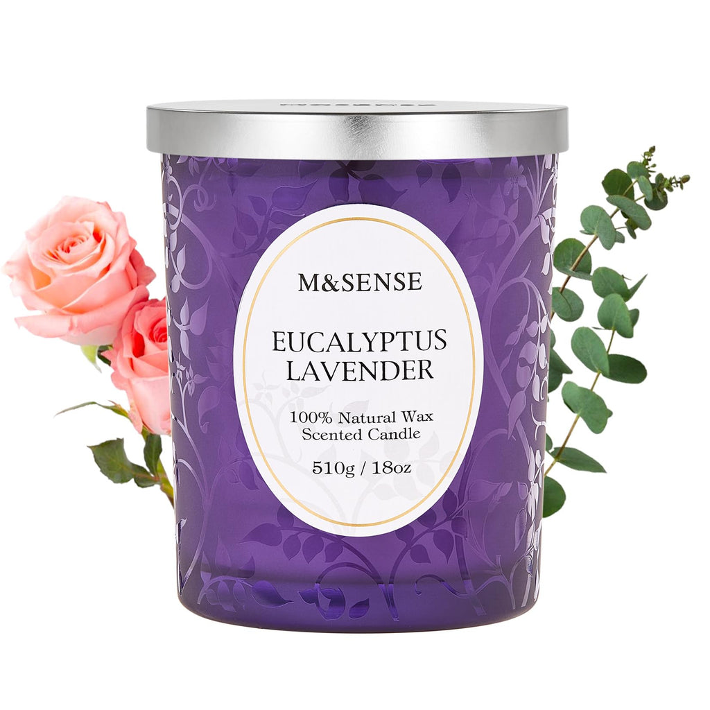 M&SENSE Eucalyptus Lavender Candle – 18oz, 100+ Hours, Wooden Wick, Non-Toxic
