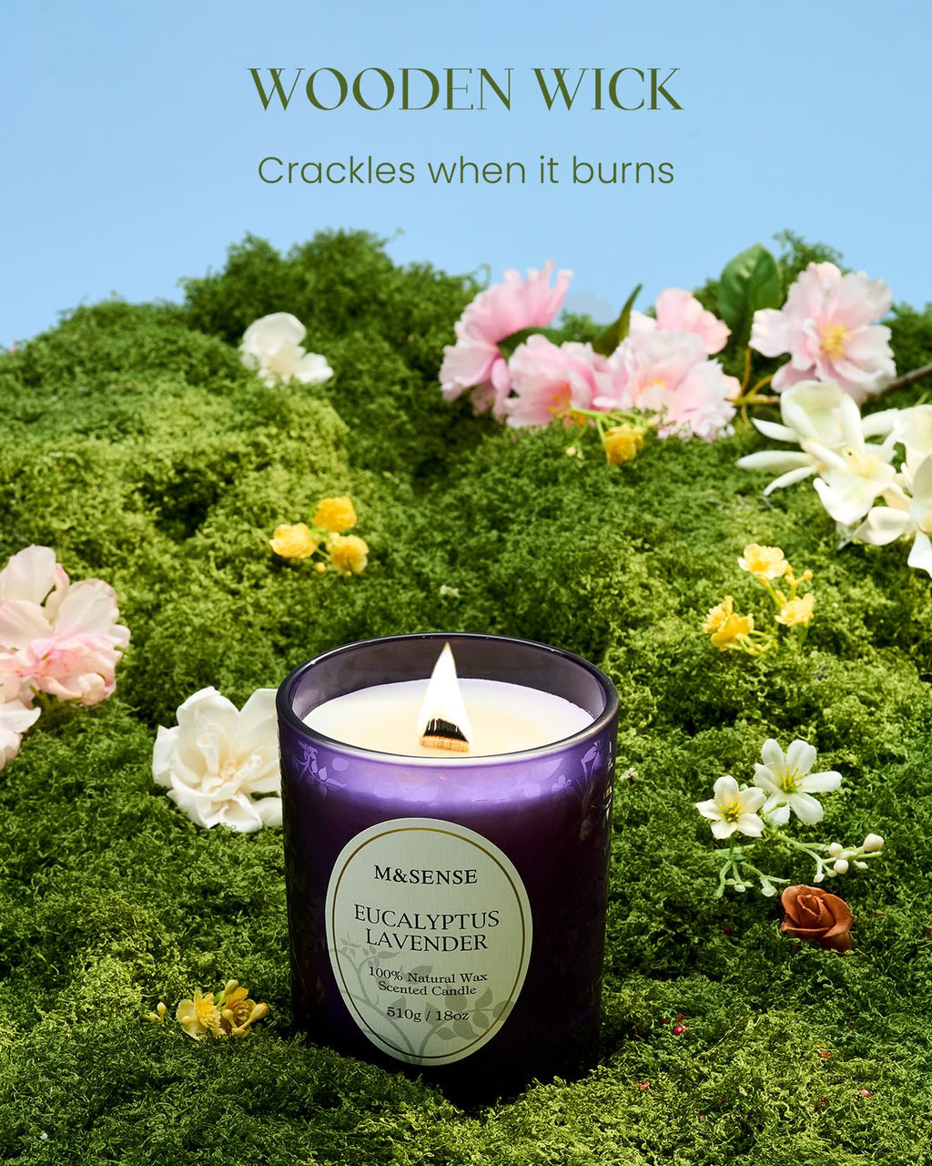 M&SENSE Eucalyptus Lavender Candle – 18oz, 100+ Hours, Wooden Wick, Non-Toxic