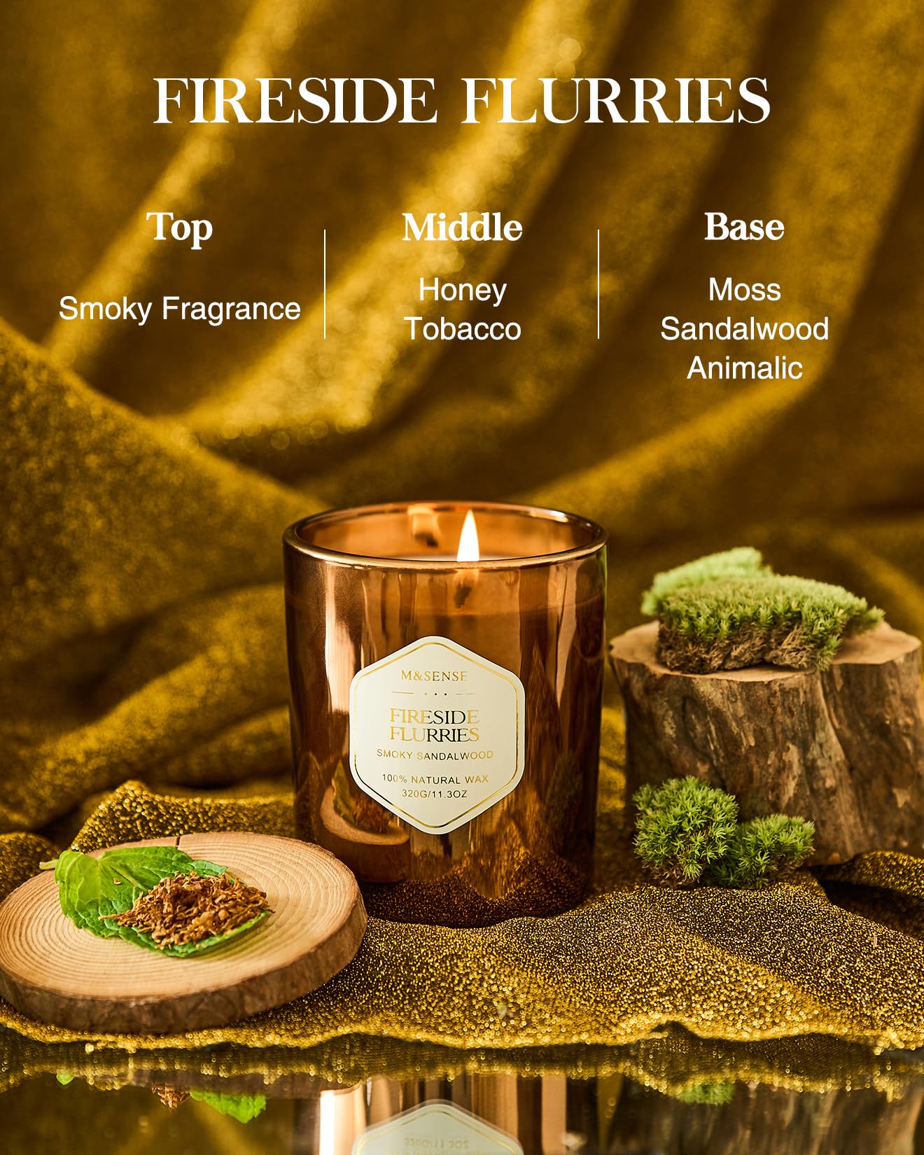 M&SENSE Fireside Flurries Candle - 11.3oz Smoky Sandalwood, 70 Hours Burn Time | Natural Soy Wax, Non-Toxic
