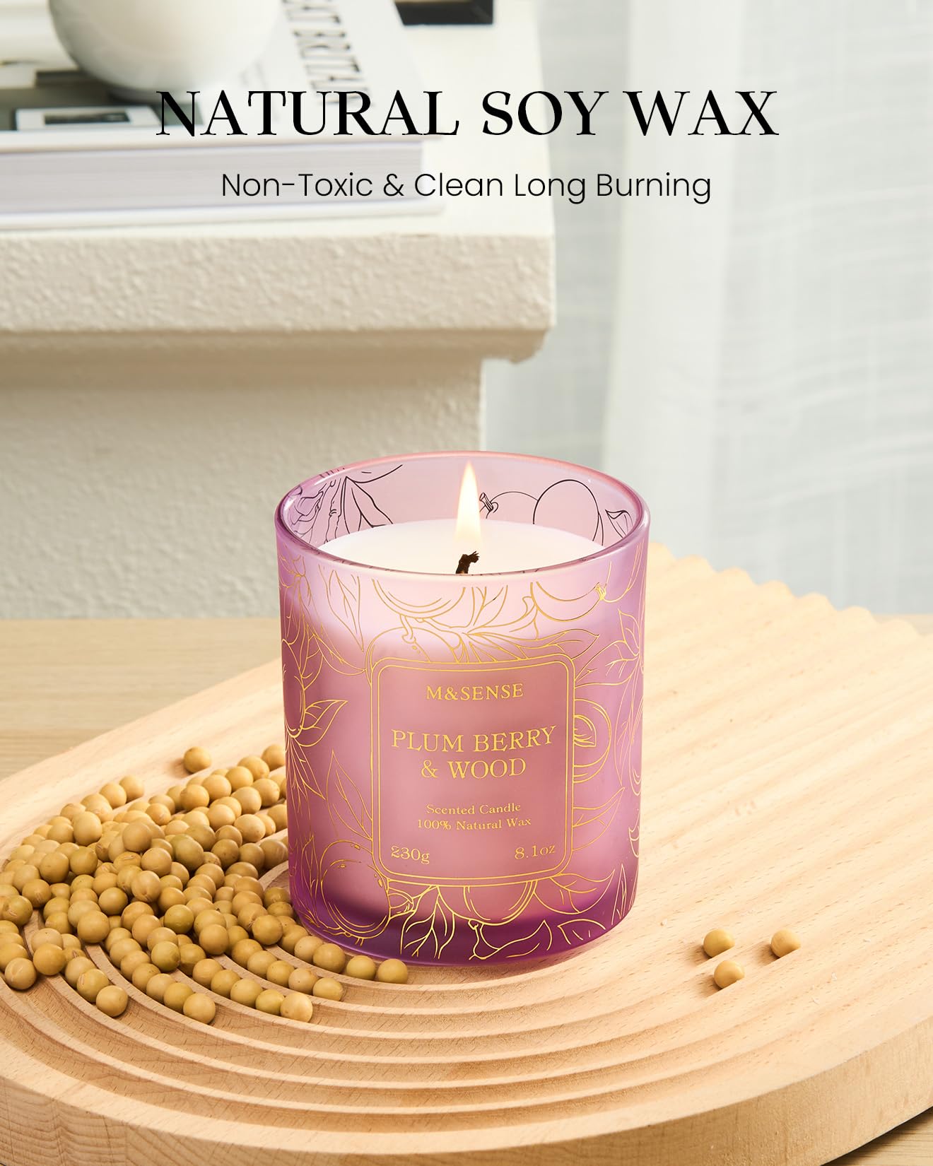 M&SENSE Fresh Melon Wooden Scented Soy Candle – Vegan, Toxin-Free, 8.1oz, 42-Hour Burn