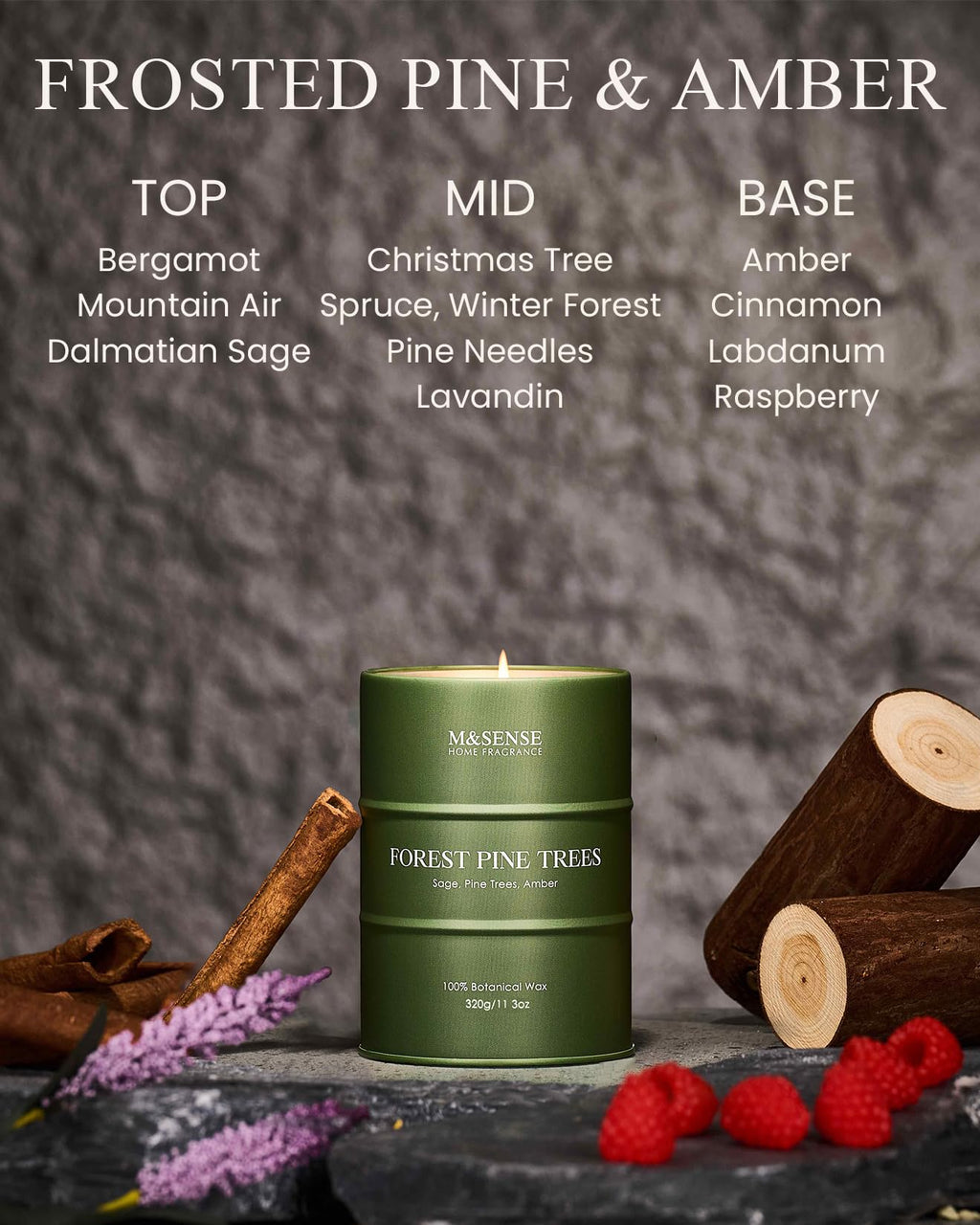 M&SENSE Frosted Pine Scented Candle – Natural Soy Blend, 11.3oz, 70-Hour Burn