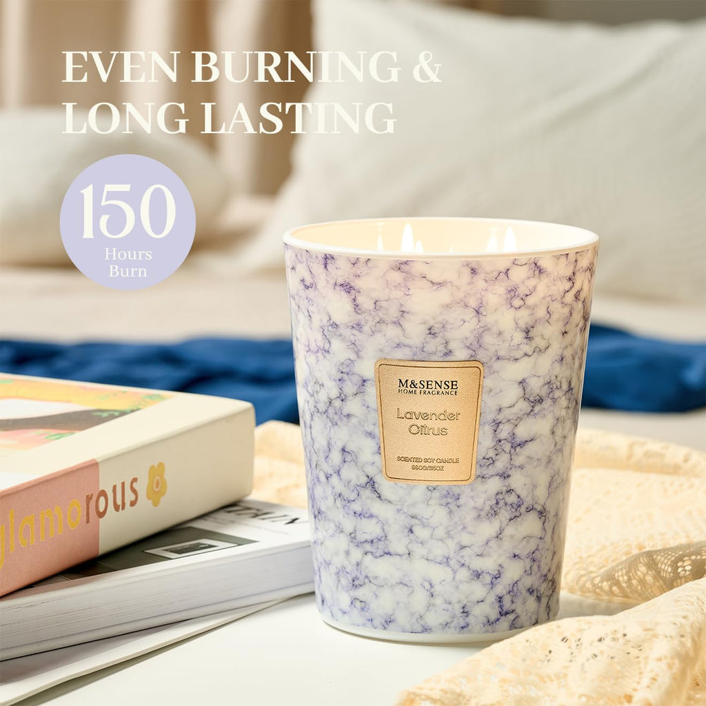 M&SENSE Extra Large 35oz Lavender Citrus Candle – 3 Wick, 150h Burn