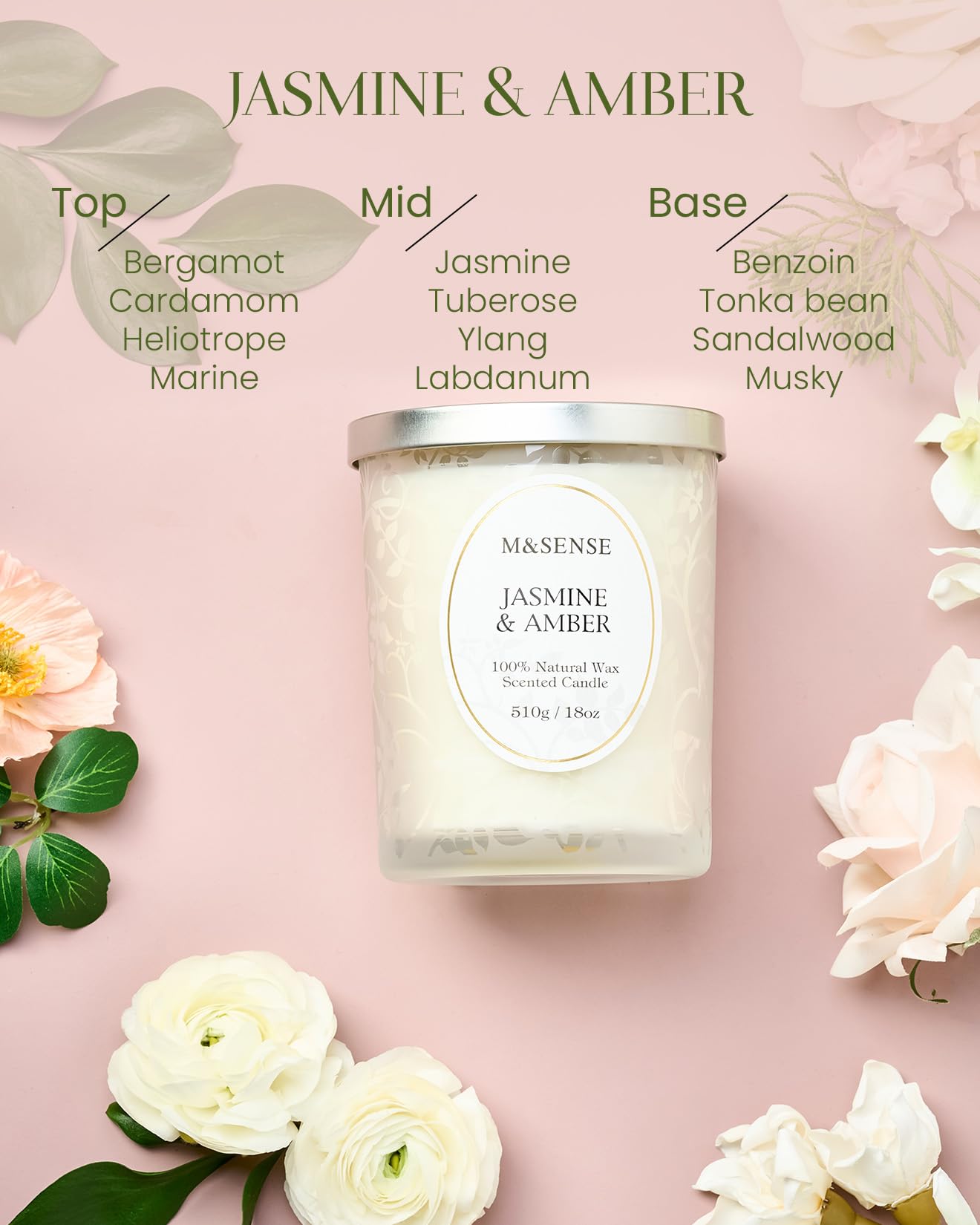 M&SENSE Jasmine Amber Candle – 18oz Soy Wax, Crackling Wooden Wick, 100-Hour Clean Burn