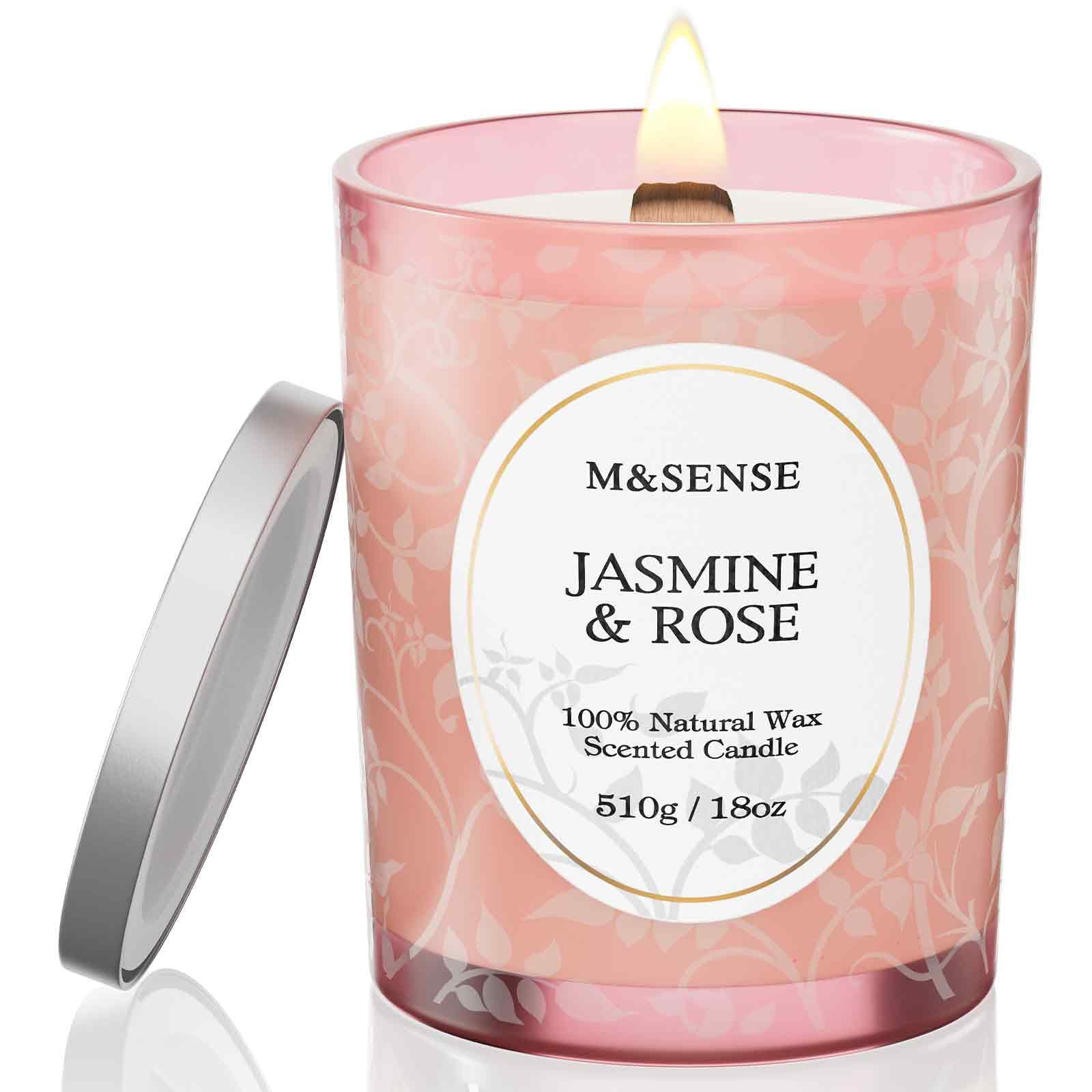 M&SENSE Jasmine Rose Candle | Crackling Wooden Wick, 18oz Soy Wax | 100+ Hours Burn | Non-Toxic Aromatherapy Gift