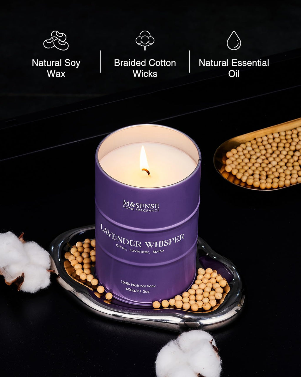 M&SENSE Lavender Soy Candle | 11.6oz, 120h Burn Time, Aromatherapy Gift