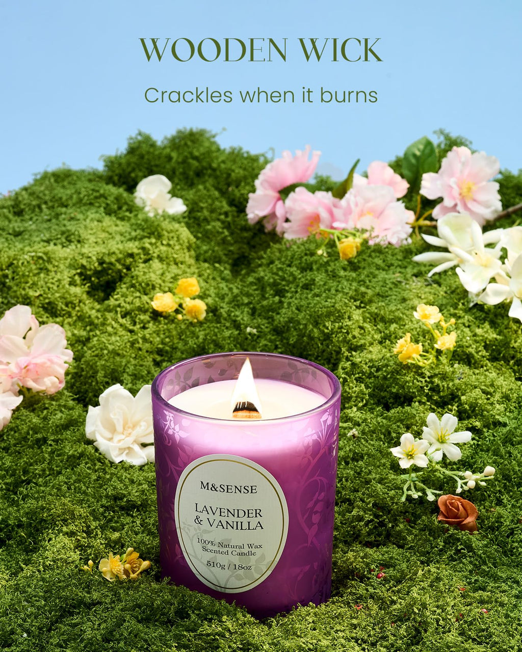 M&SENSE Lavender Vanilla Candle | 18oz Soy Wax, Wooden Wick, 100+ Hours