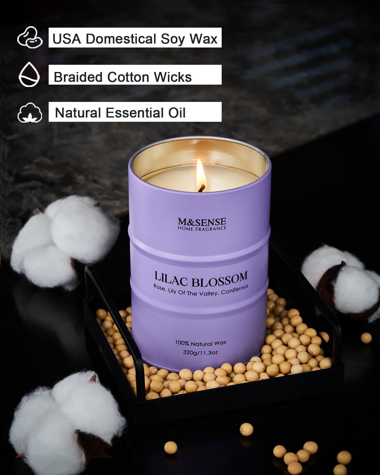 M&SENSE Lilac Blossom Soy Candle – 11.3oz, 70-Hour Burn, Aromatherapy & Relaxation