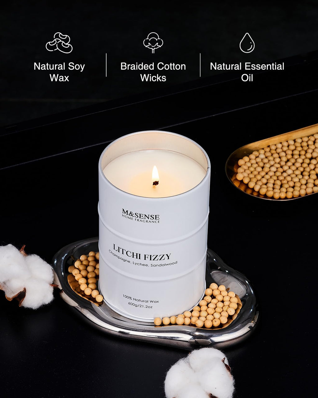 M&SENSE Litchi Fizzy Soy Candle – 21.2oz, 120-Hour Burn, Non-Toxic