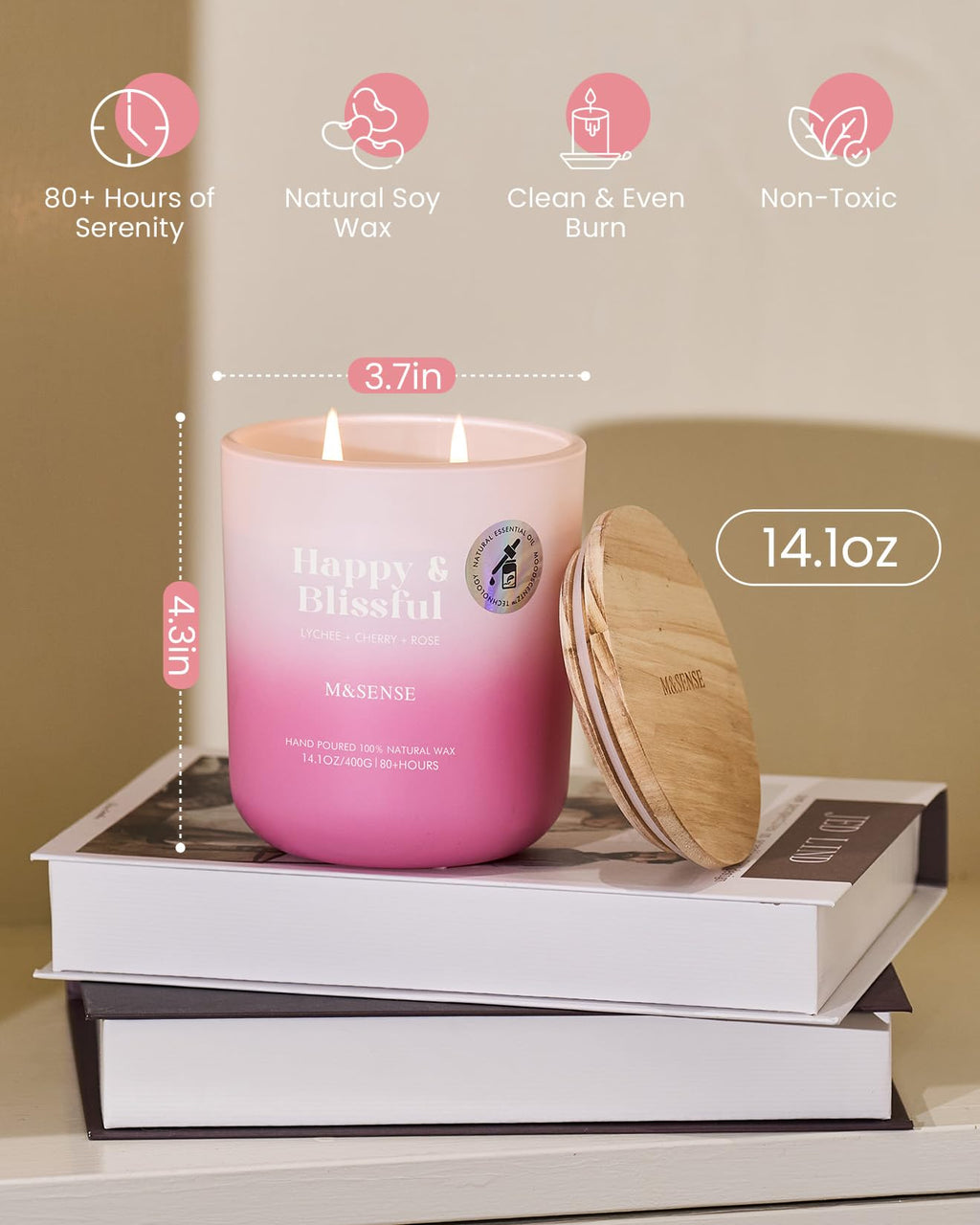 M&SENSE Lychee Cherry Rose Soy Candle – 14.1oz, 80-Hour Aromatherapy, Non-Toxic