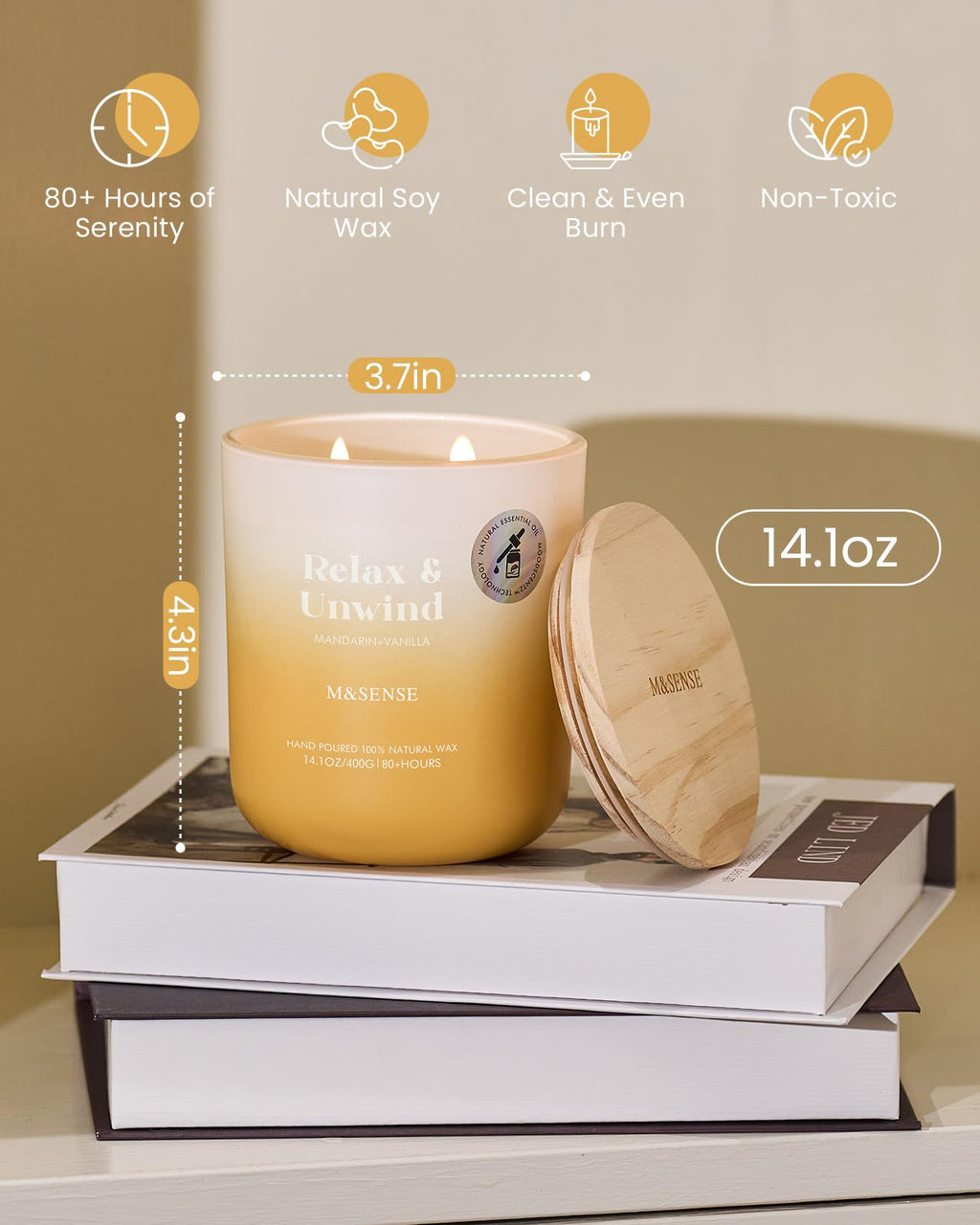 M&SENSE Mandarin Vanilla Candle – 80-Hour Non-Toxic Soy Wax Aromatherapy