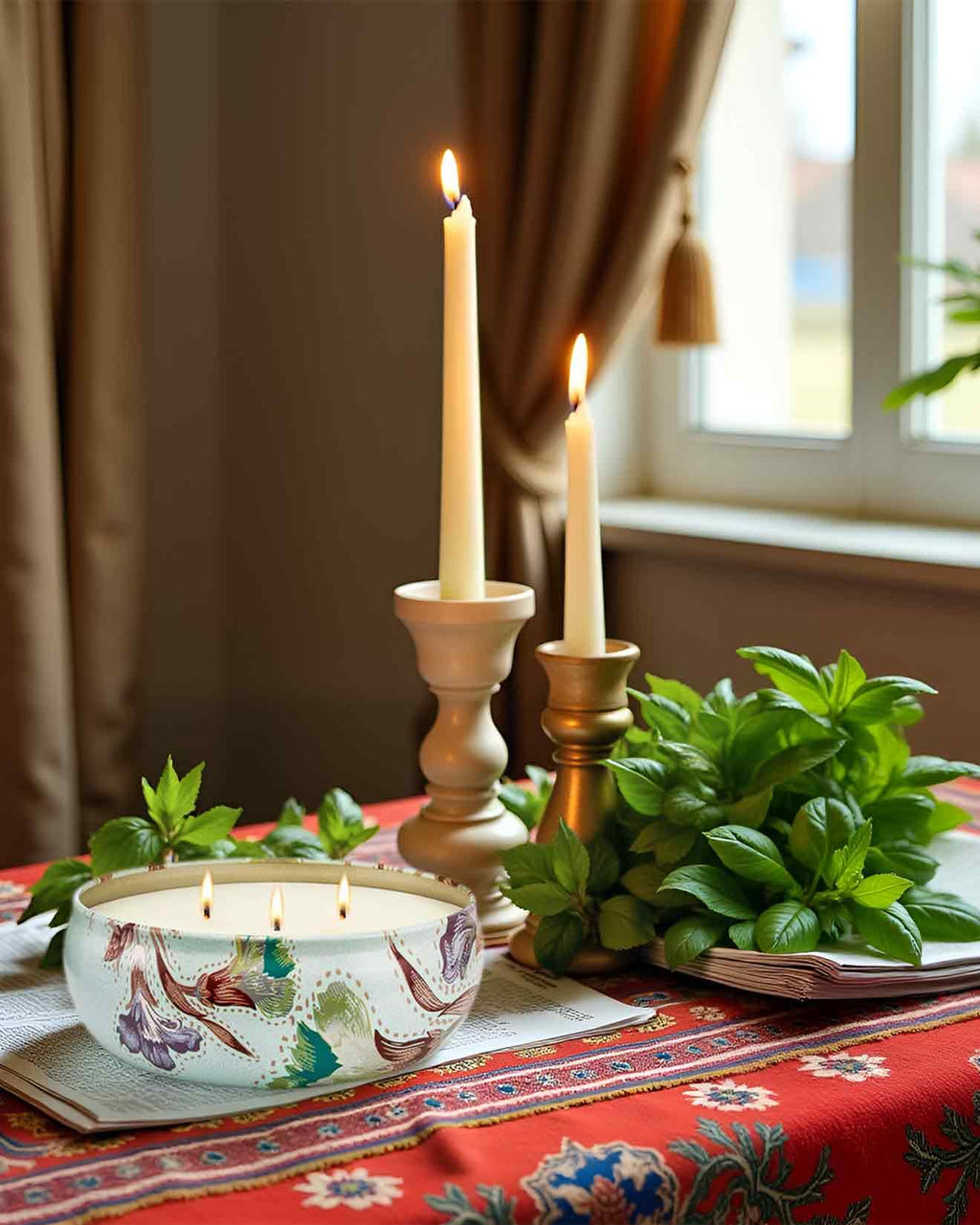 Mint Basil Scented Candles 12oz | 3-Wick Soy Travel Tin – 40 Hour Burn