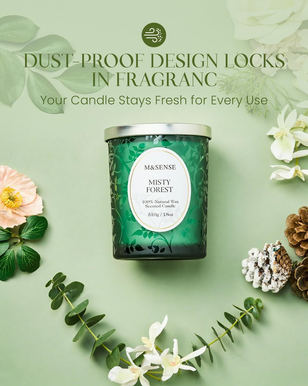 M&SENSE Misty Pine Forest Wood Wick Candle – 18oz, 100-Hour Natural Soy Wax