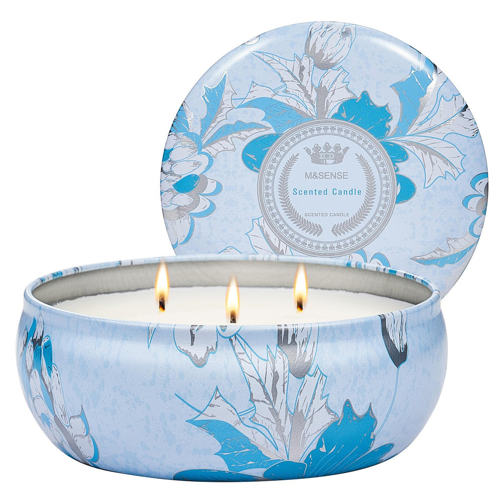 M&SENSE Ocean Waters 3-Wick Soy Tin Candle – 40-50h Burn Time, Vegan Wax