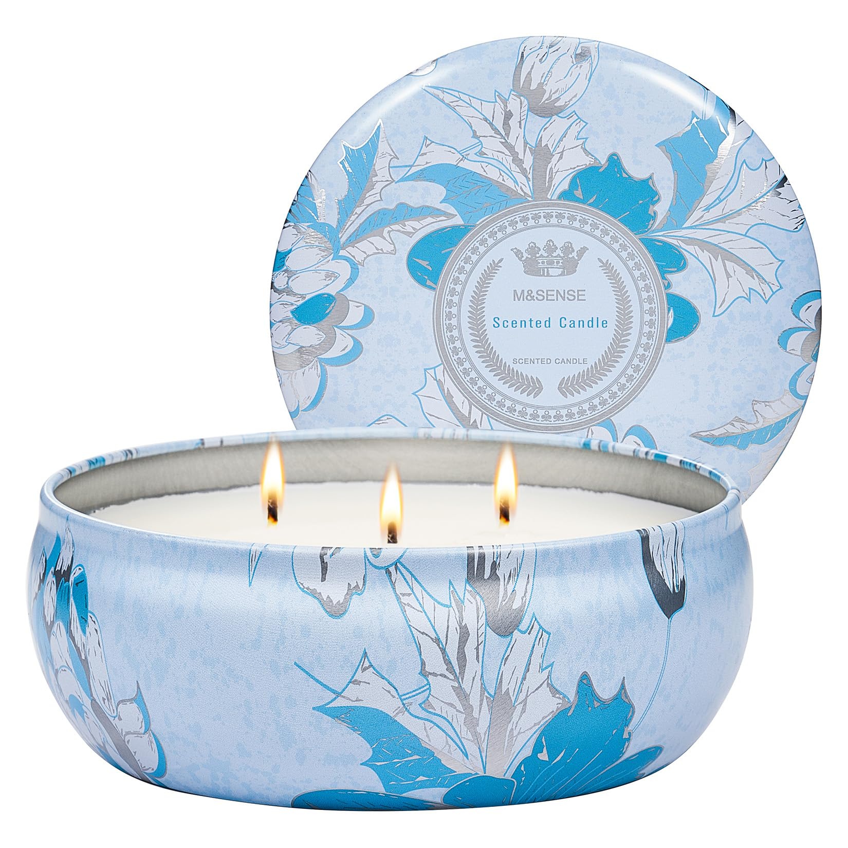 M&SENSE Ocean Waters 3-Wick Soy Tin Candle – 40-50h Burn Time, Vegan Wax