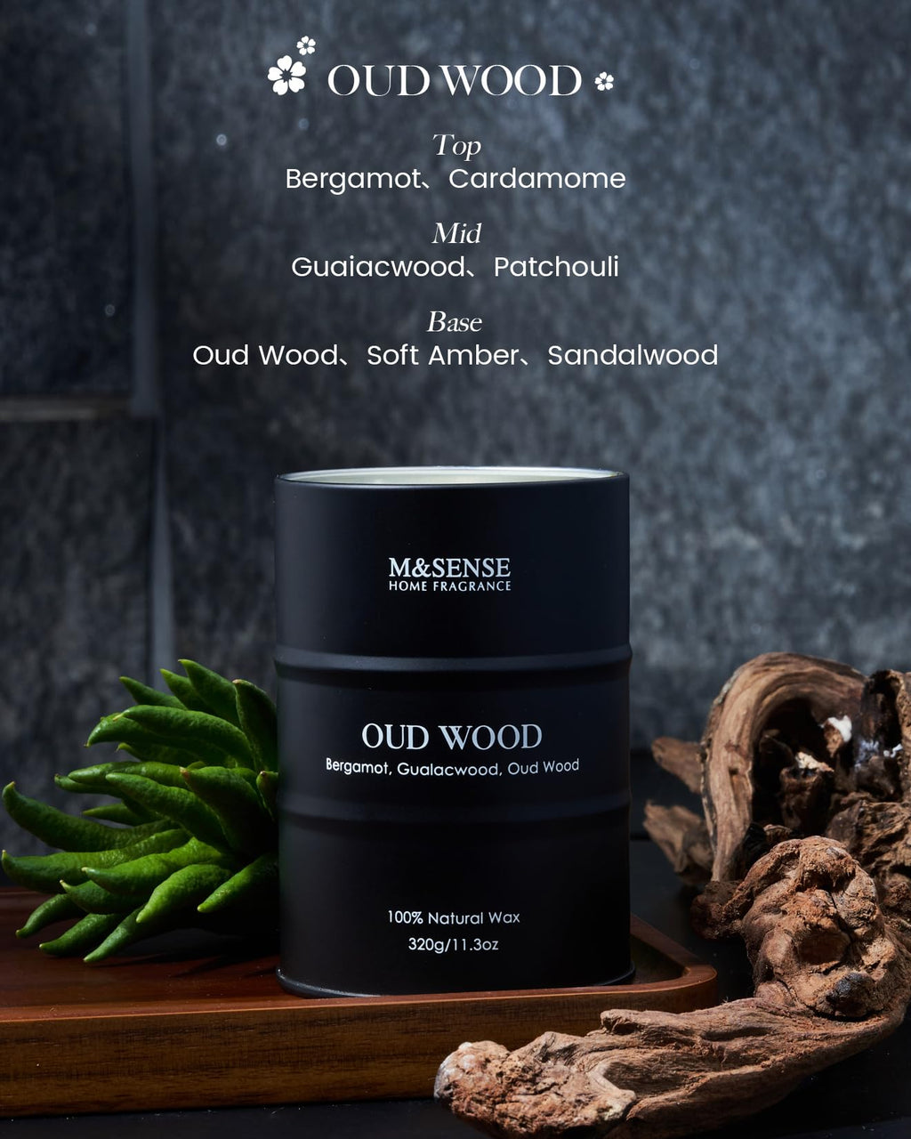 M&SENSE Oud Wood Scented Candles - Natural Soy Wax 11.3oz | 60-70h Burn Time | Gifts for Men & Women