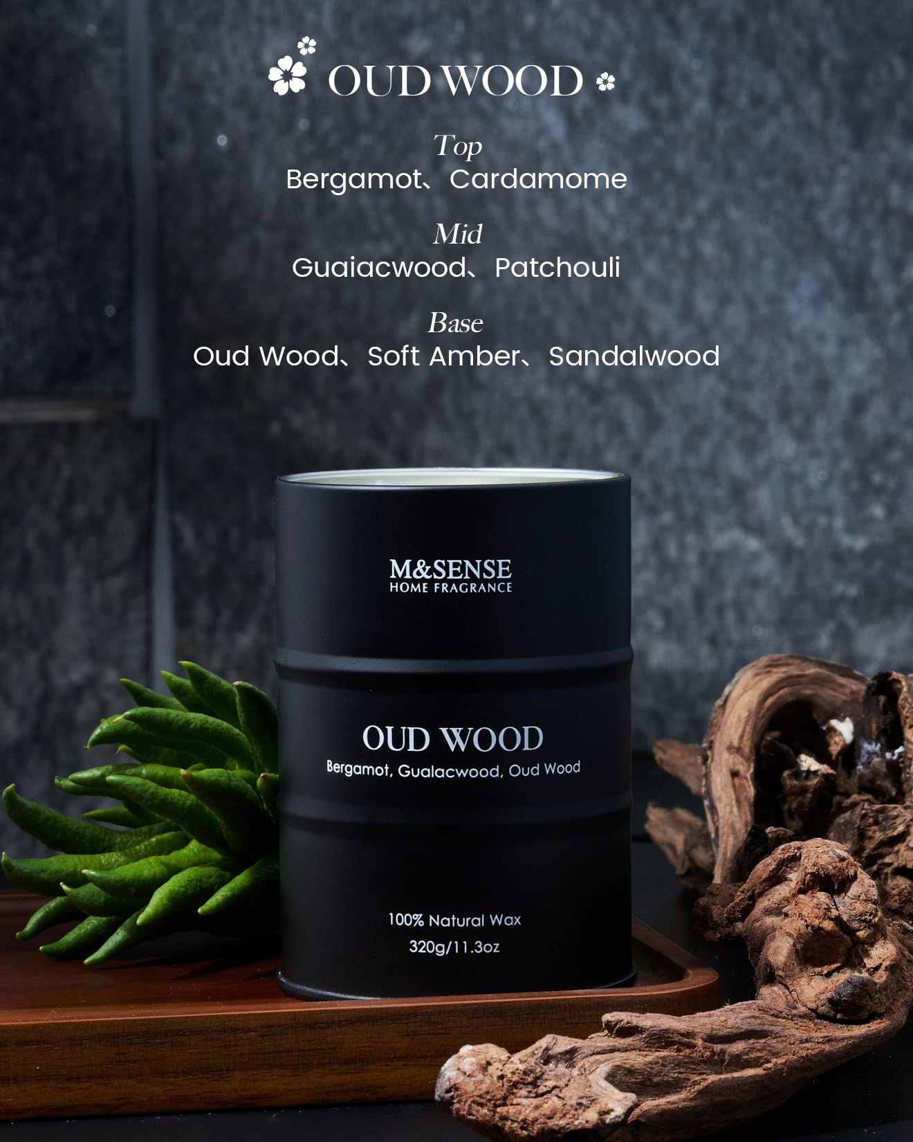 M&SENSE Oud Wood Scented Candles - Natural Soy Wax 11.3oz | 60-70h Burn Time | Gifts for Men & Women