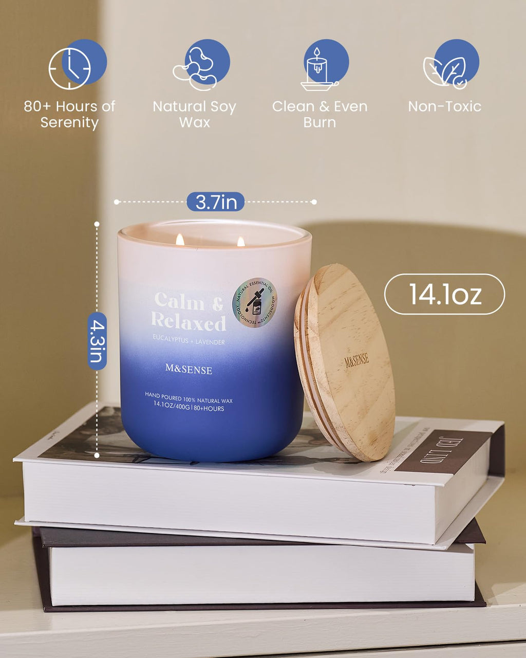 M&SENSE Eucalyptus Lavender Scented Candle – 14.1oz, 80-Hour Burn Time, MoodScentz Certified, Non-Toxic Soy Wax, Aromatherapy