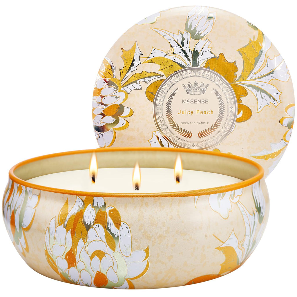 M&SENSE Peach Scented Candles 12oz | 3-Wick Soy Tin, 40-Hour Burn