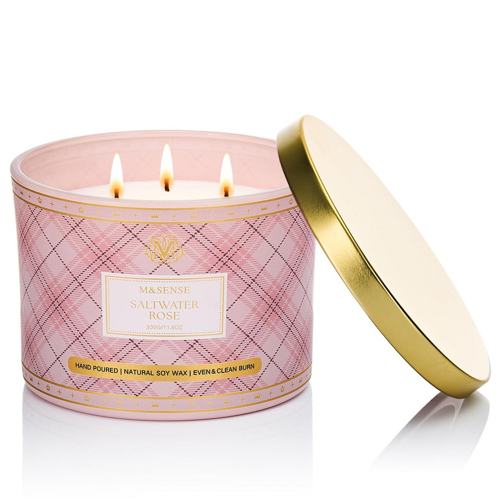 M&SENSE Plaid 3-Wick Soy Candle 11.64 oz – Saltwater Rose | Relaxation & Home Décor