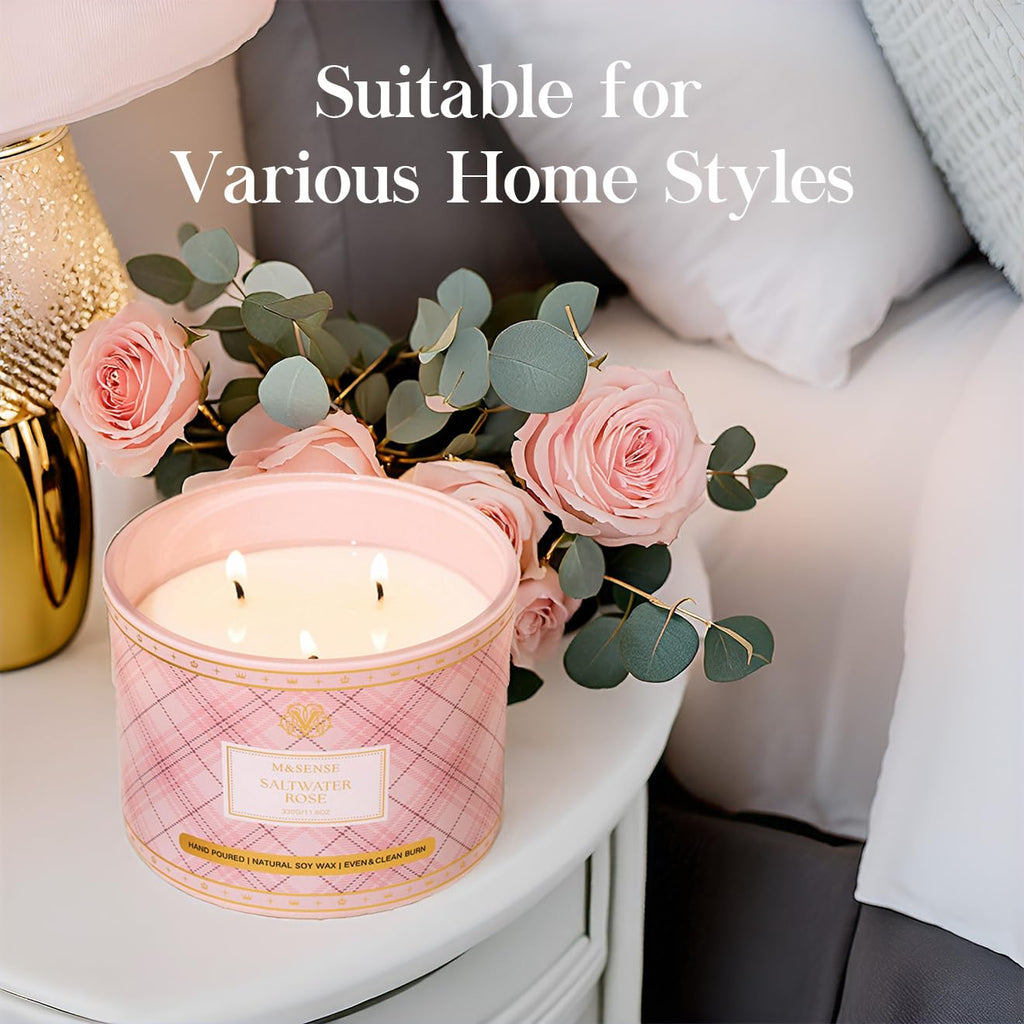 M&SENSE Plaid 3-Wick Soy Candle 11.64 oz – Saltwater Rose | Relaxation & Home Décor