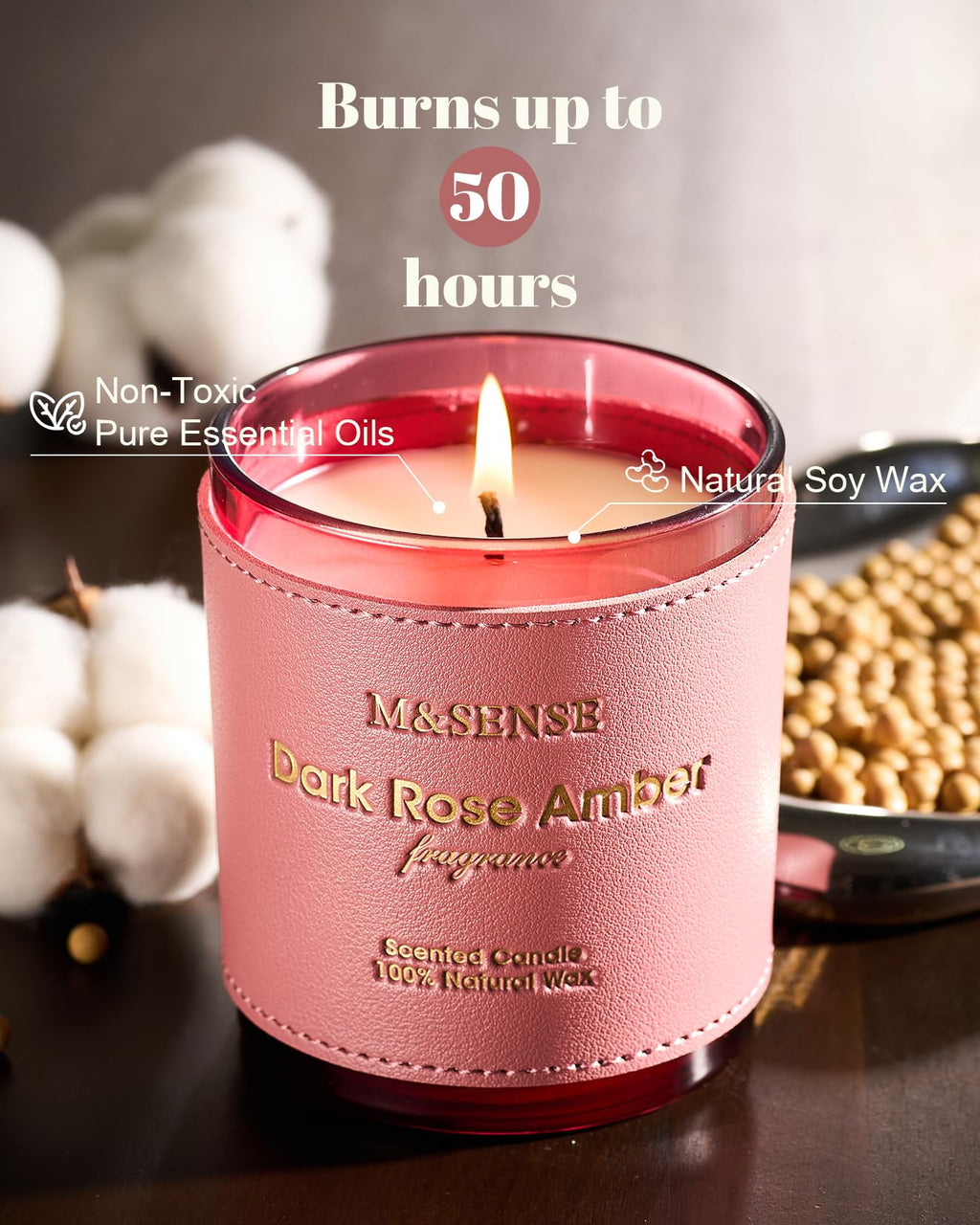 M&SENSE Rose Amber Scented Candle – Vegan Soy Wax, 10oz, 42-Hour Burn, Non-Toxic