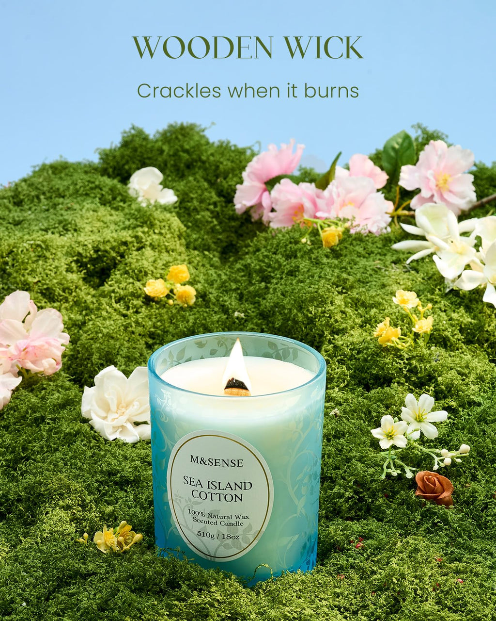 M&SENSE Sea & Cotton Scented Candle – 18oz, 100 Hours, Wood Wick