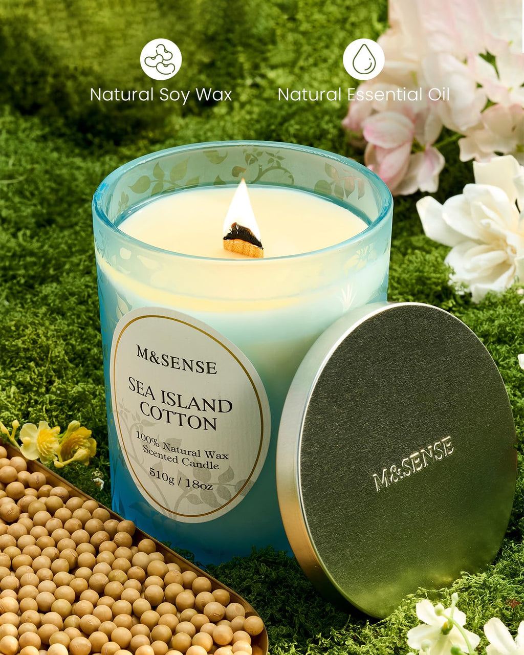 M&SENSE Sea & Cotton Scented Candle – 18oz, 100 Hours, Wood Wick
