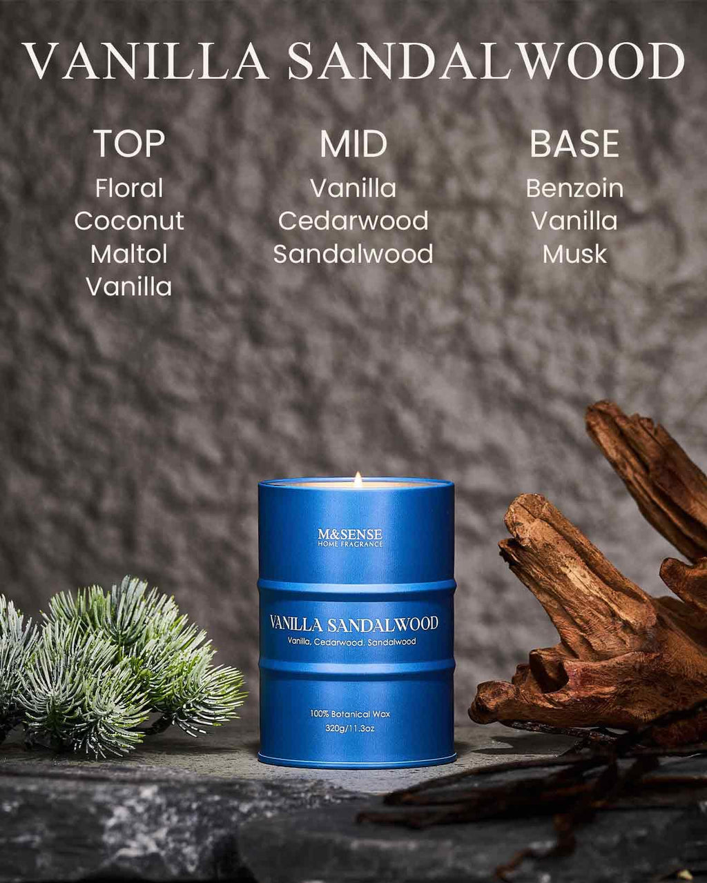 M&SENSE Vanilla Sandalwood Scented Candle – Natural Non-Toxic, 11.3oz, 70-Hour Burn