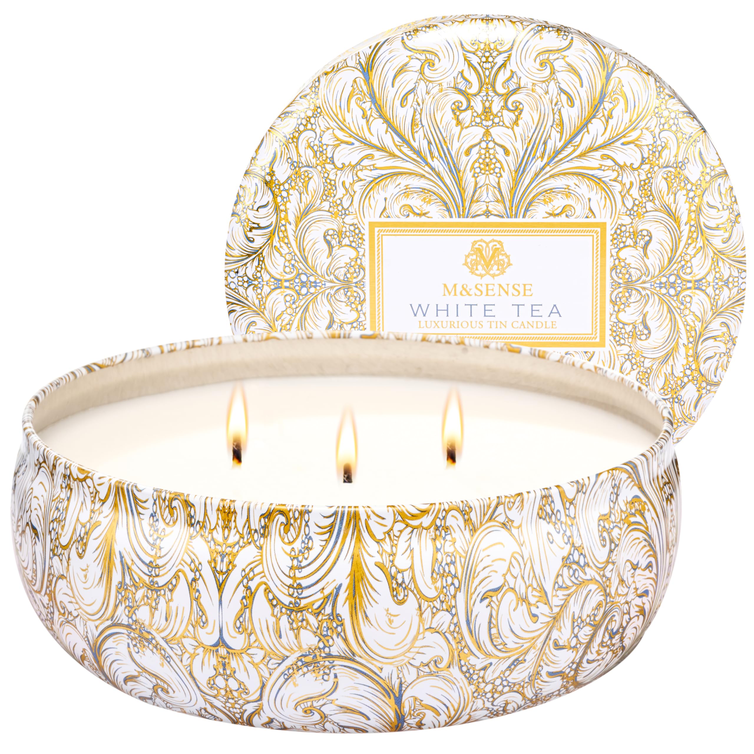 M&SENSE White Tea 3-Wick Soy Candle – 40+ Hr Burn, 100% Natural Vegan Wax