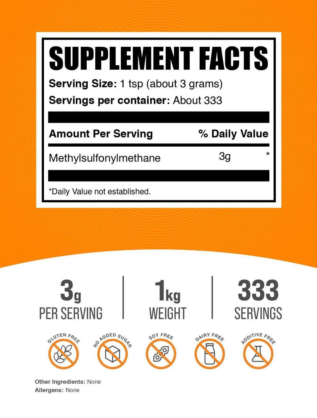 BulkSupplements MSM Powder – Methylsulfonylmethane (MSM) 3000 mg/Serving, 1kg Gluten Free