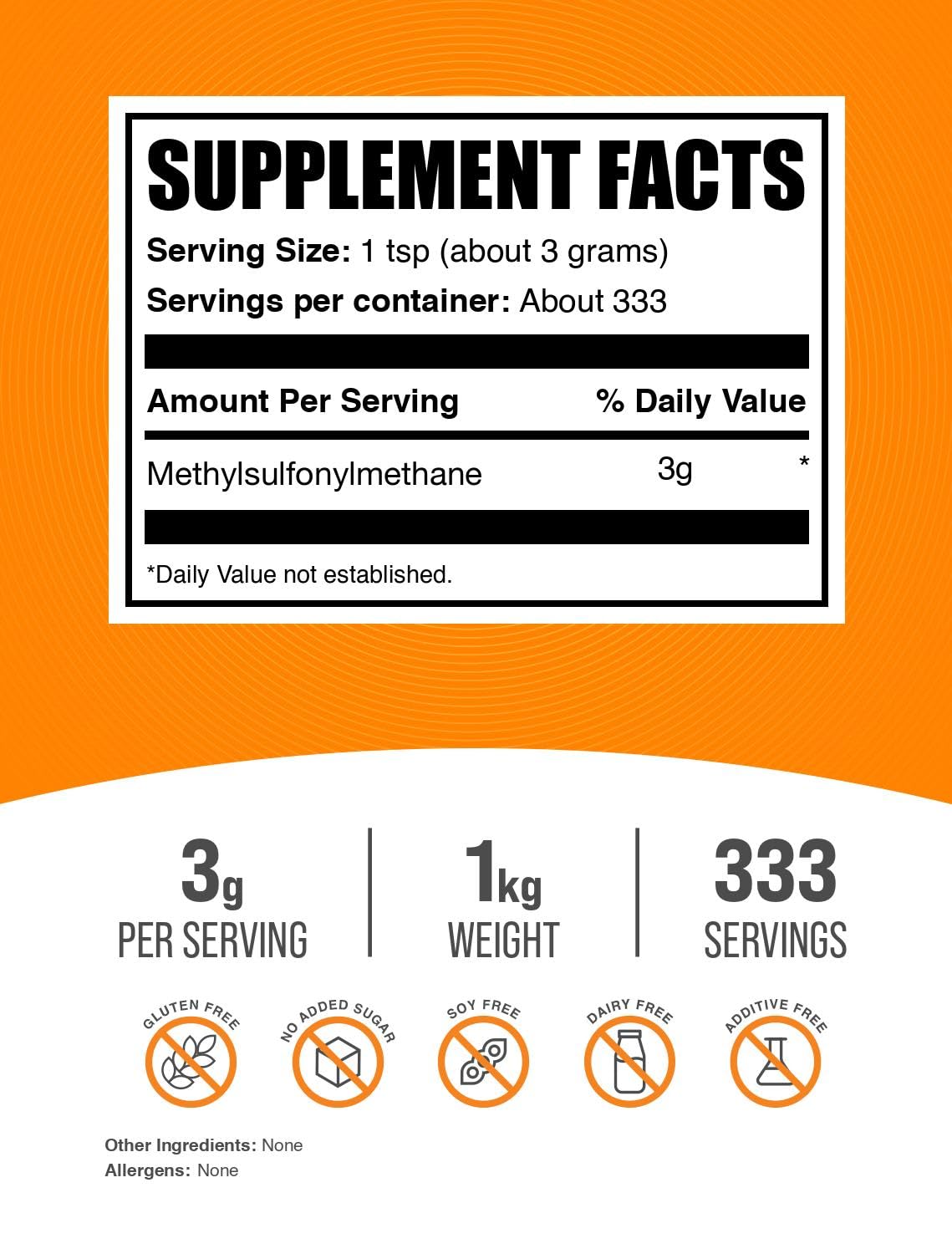 BulkSupplements MSM Powder – Methylsulfonylmethane (MSM) 3000 mg/Serving, 1kg Gluten Free