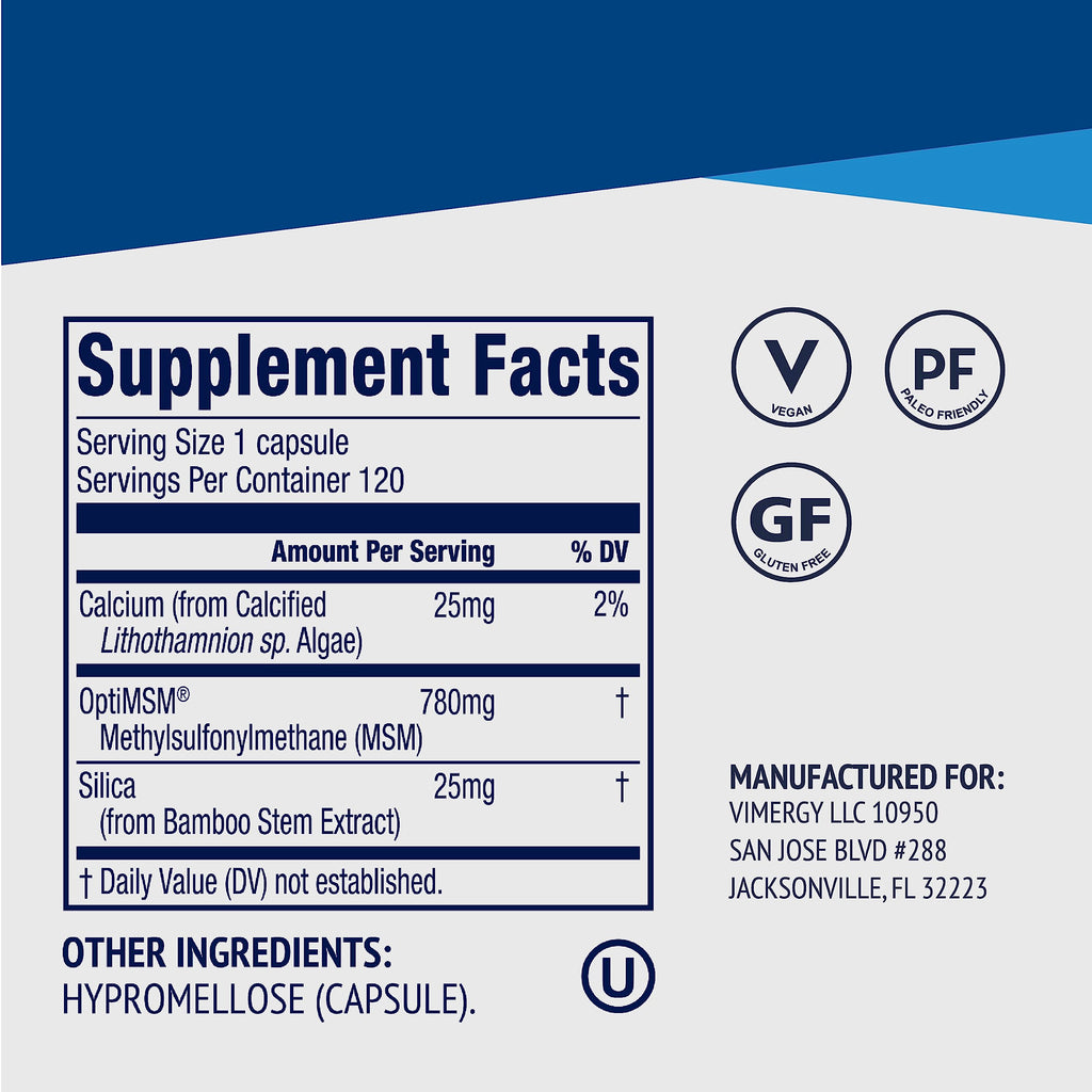 Vimergy MSM with Silica & Calcium Capsules – 120 Servings | Joint, Skin & Bone Support | Vegan & Gluten-Free