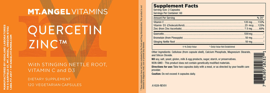 Mt. Angel Vitamins Zinc Quercetin with Bromelain – Immune Support & Respiratory Health, Quercetin 500mg, Zinc 50mg, Vitamin C | 120ct