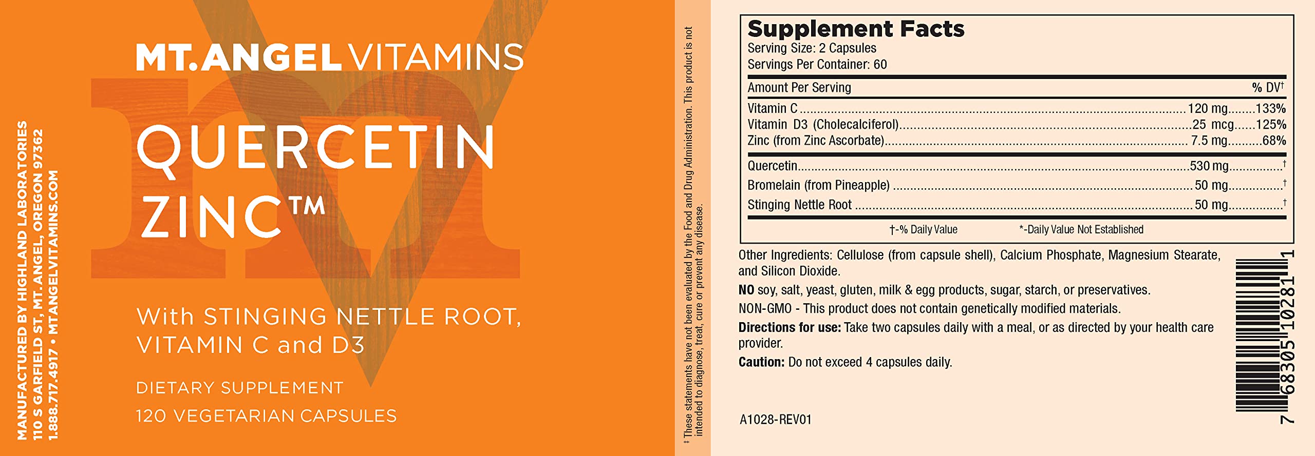 Mt. Angel Vitamins Zinc Quercetin with Bromelain – Immune Support & Respiratory Health, Quercetin 500mg, Zinc 50mg, Vitamin C | 120ct