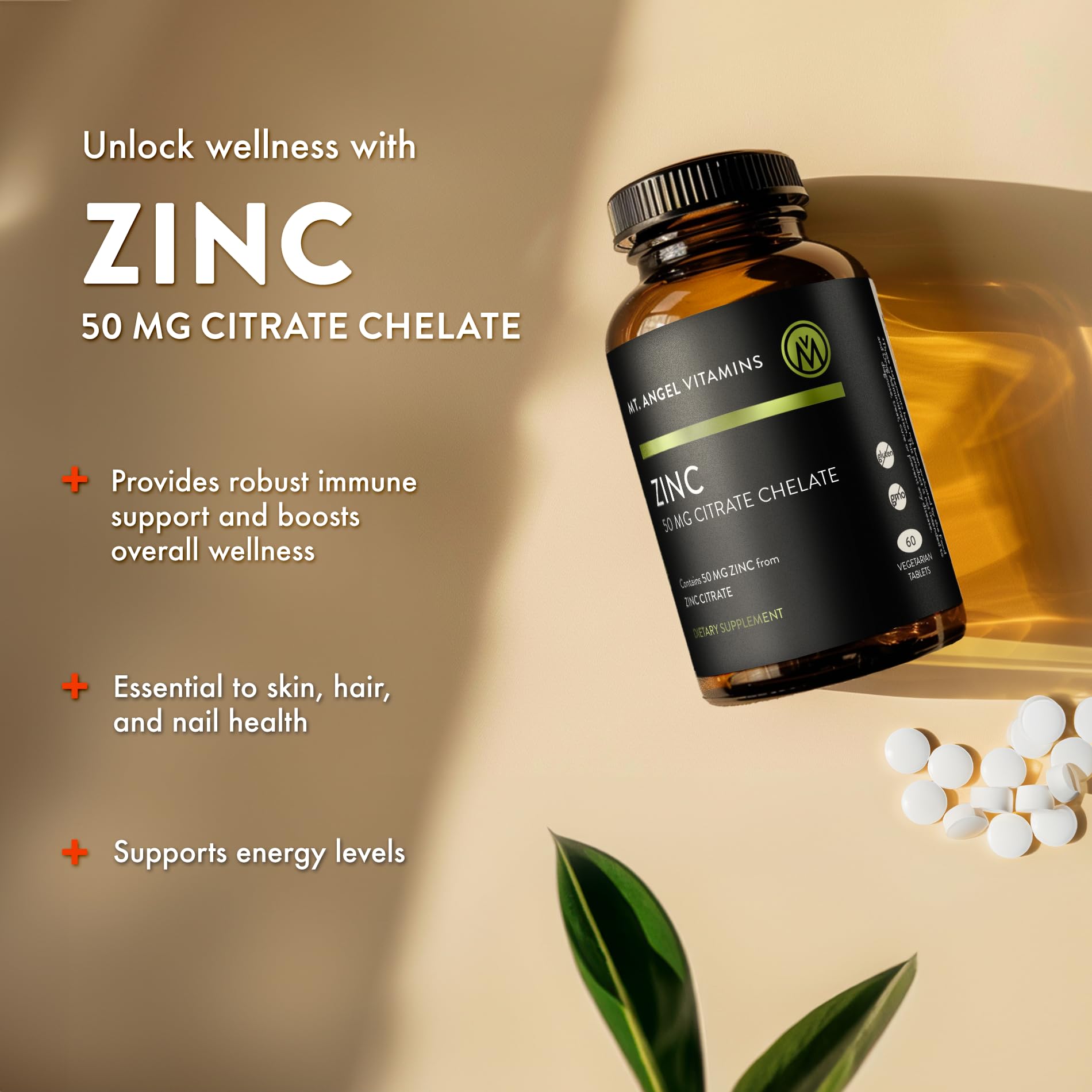 Mt. Angel Vitamins - Zinc Citrate 50mg - Zinc 50 mg Citrate Chelate - Natural Zinc Supplements Made in USA - 60 Vegetarian Tablets