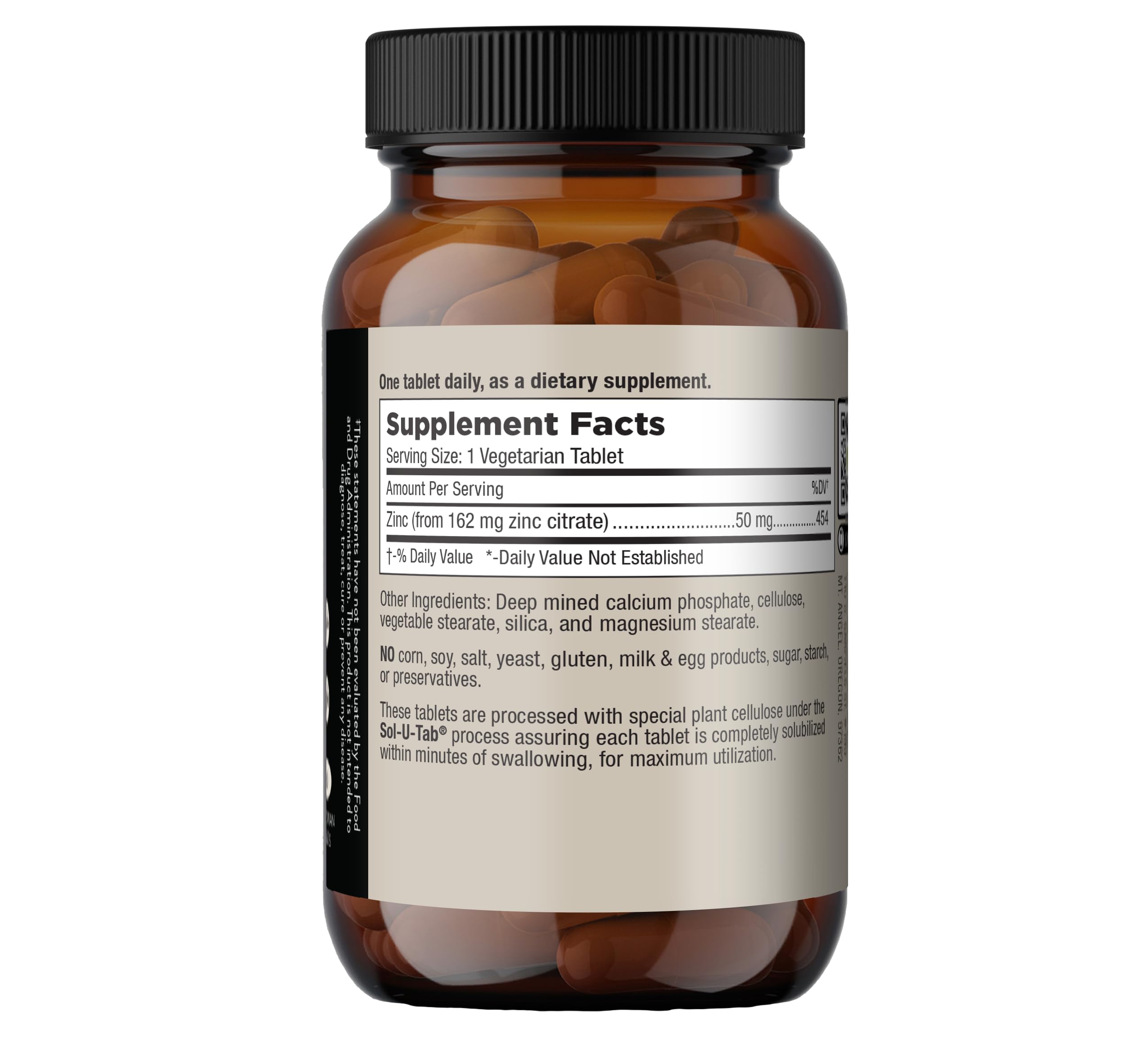 Mt. Angel Vitamins - Zinc Citrate 50mg - Zinc 50 mg Citrate Chelate - Natural Zinc Supplements Made in USA - 60 Vegetarian Tablets