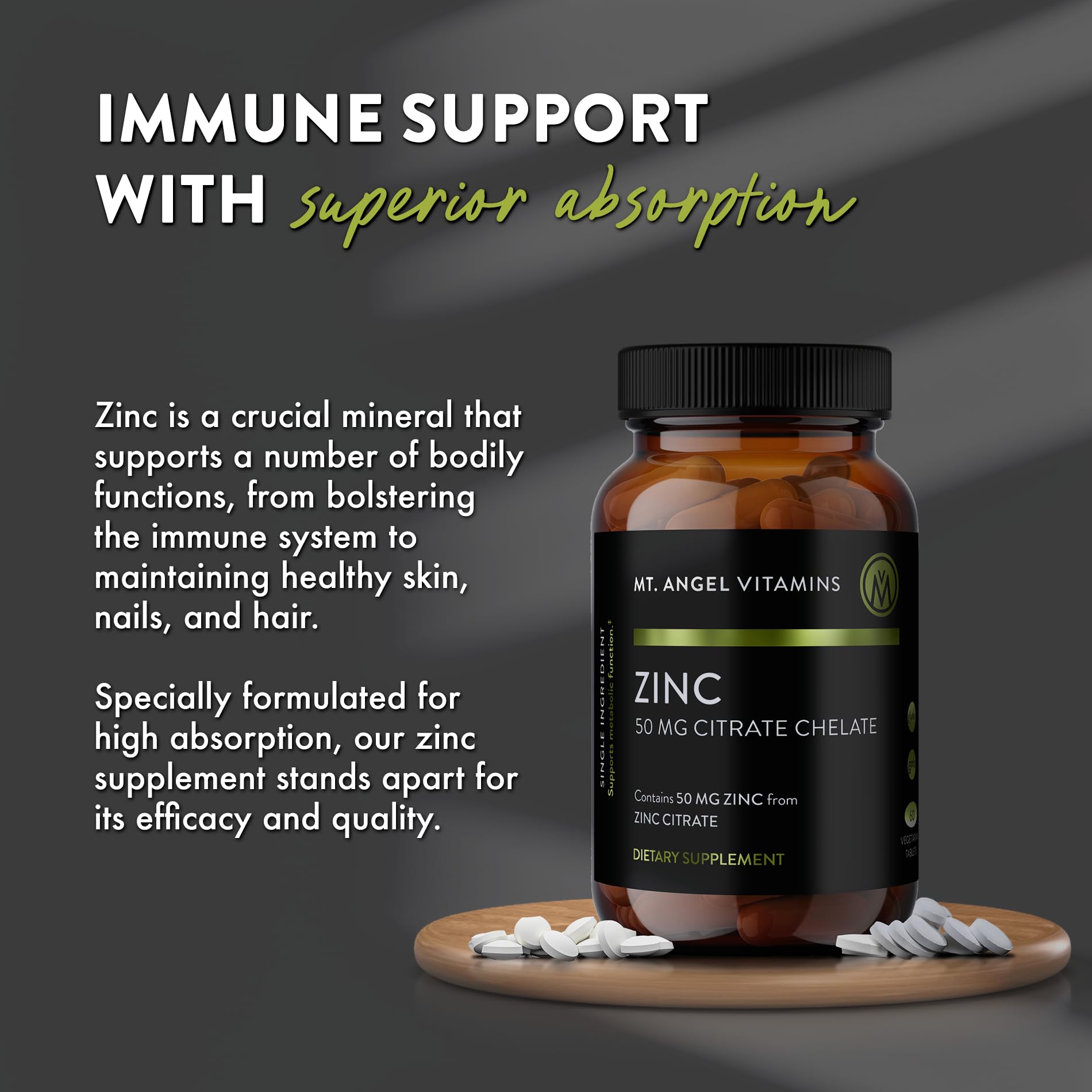 Mt. Angel Vitamins - Zinc Citrate 50mg - Zinc 50 mg Citrate Chelate - Natural Zinc Supplements Made in USA - 60 Vegetarian Tablets