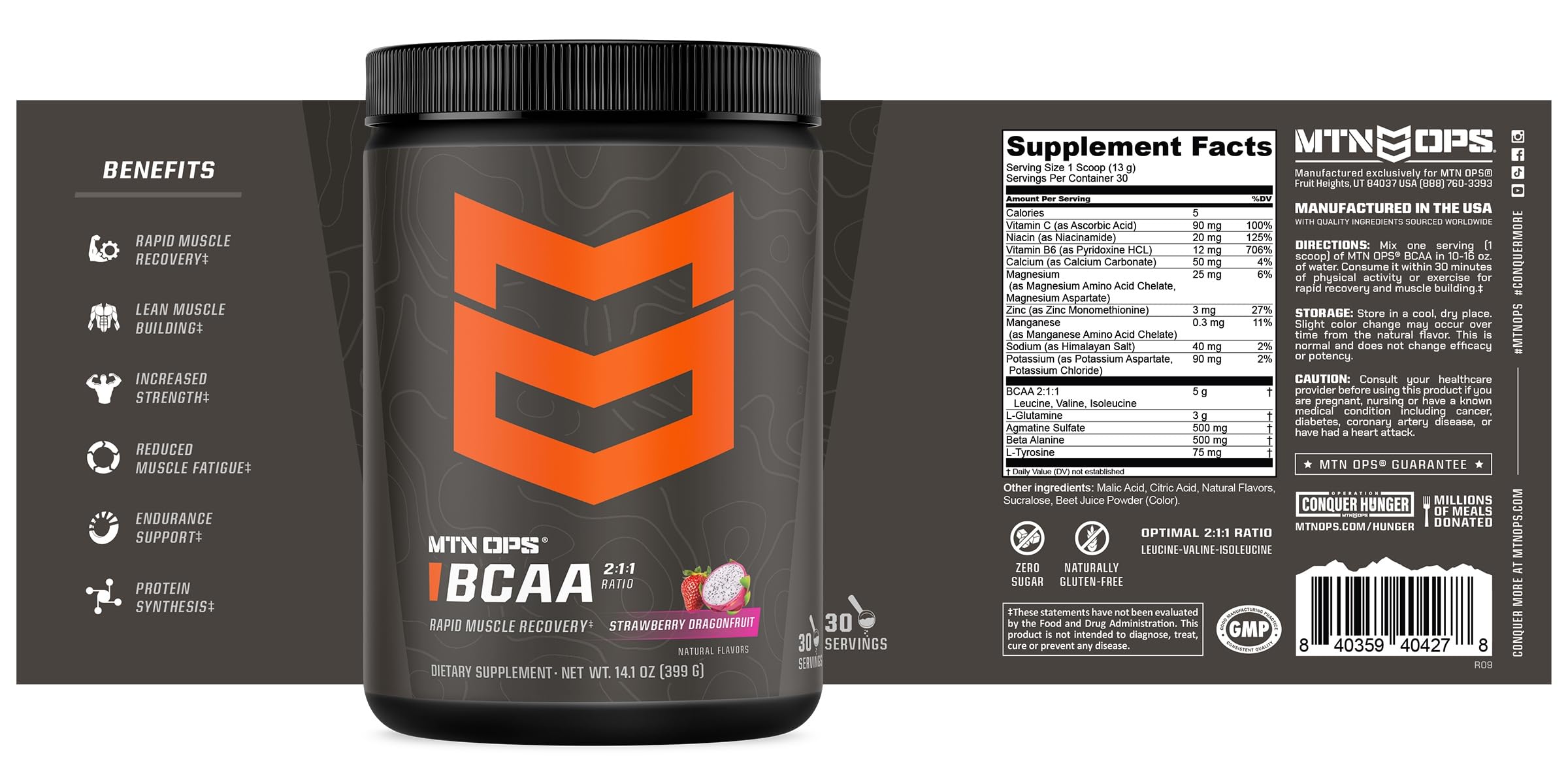 MTN OPS BCAA 2:1:1 Amino Acids – Zero Sugar & Gluten Free | Rapid Muscle Recovery (30-Serv, Strawberry Dragonfruit)