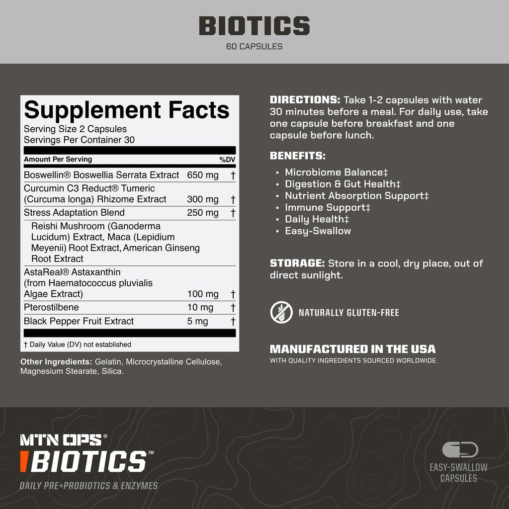 MTN OPS Biotics Daily Probiotic with Maca Root, Reishi, Boswellia & American Ginseng – 60 Capsules | 30 Servings