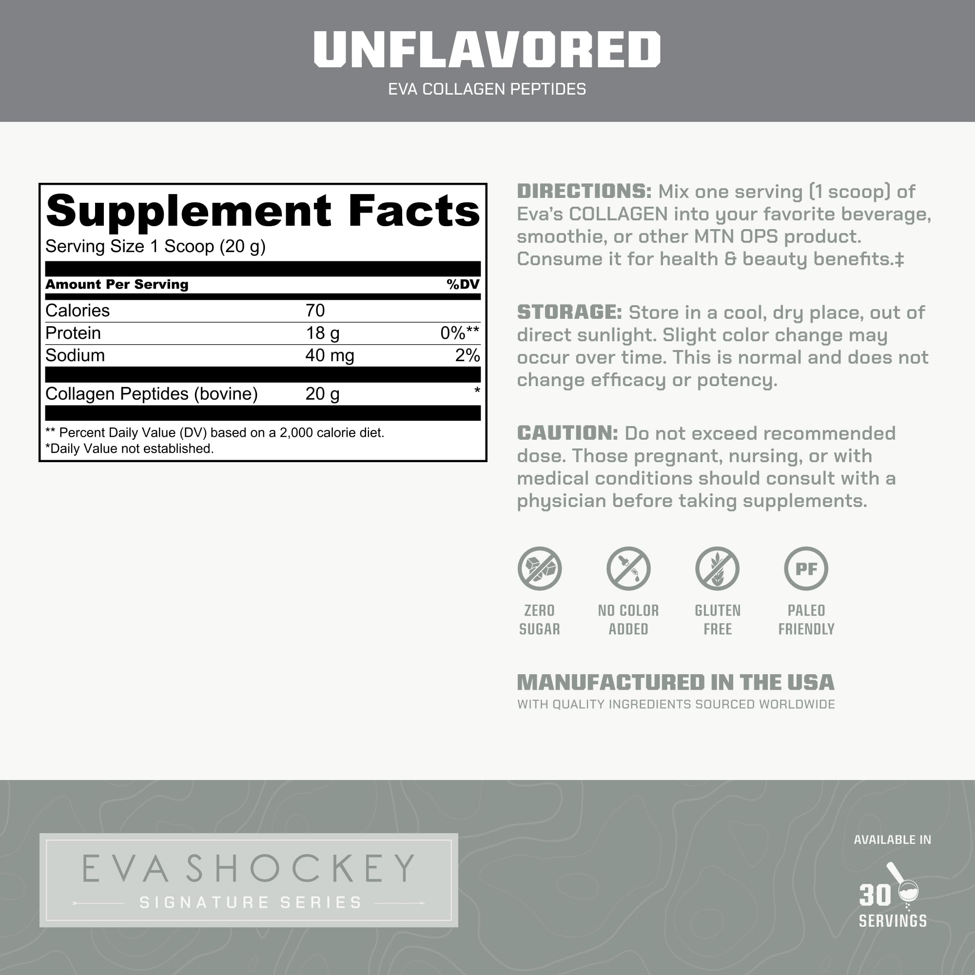 MTN OPS Collagen Peptide Protein Powder – Eva Shockey Signature, 20g Unflavored, Zero Sugar, 30 Servings