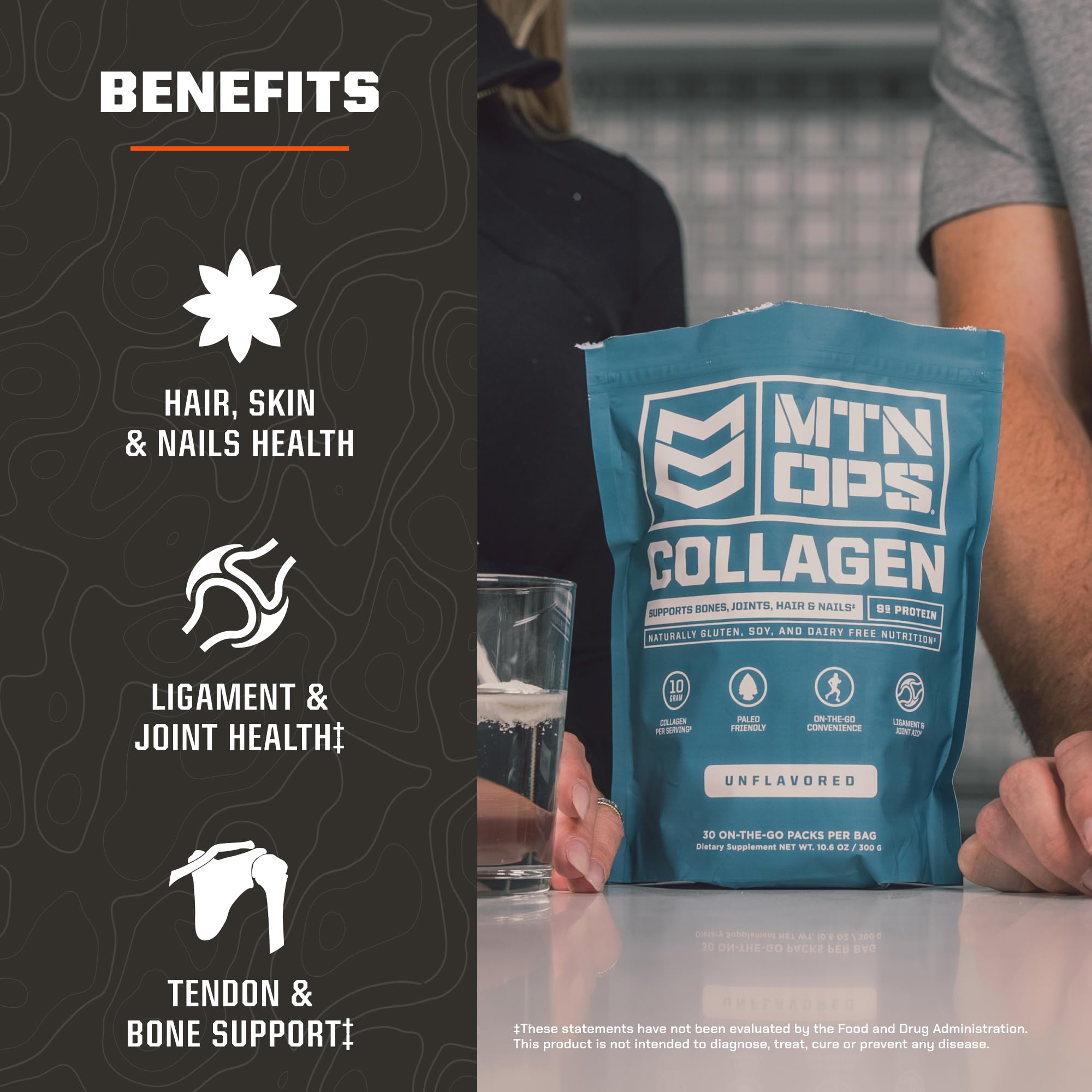 MTN OPS Collagen Protein Powder On-The-Go Packs - 9g Protein Per Serving, Unflavored, 30 Packs