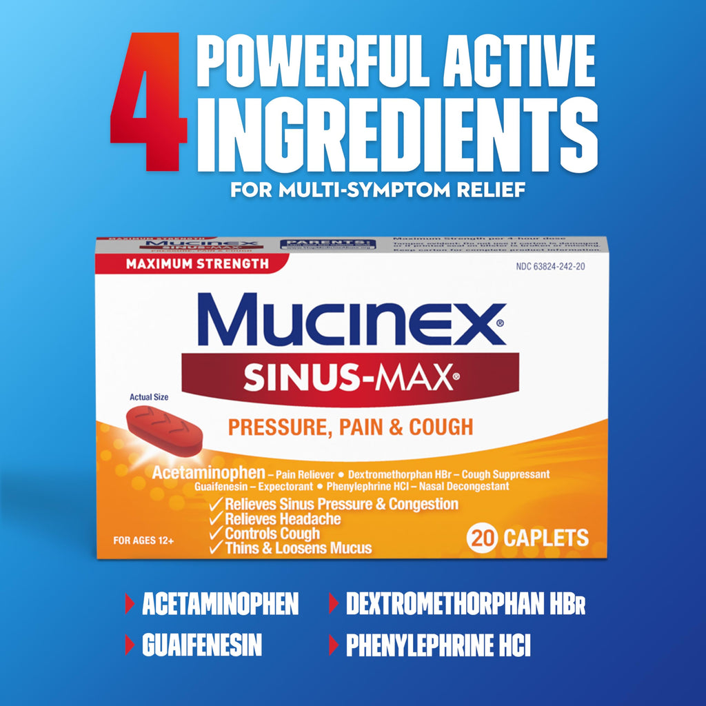Mucinex Maximum Strength Sinus-Max Pressure & Pain Caplets – 60 Count Pack of 3 (Sinus Pressure, Congestion, Headache & Fever)