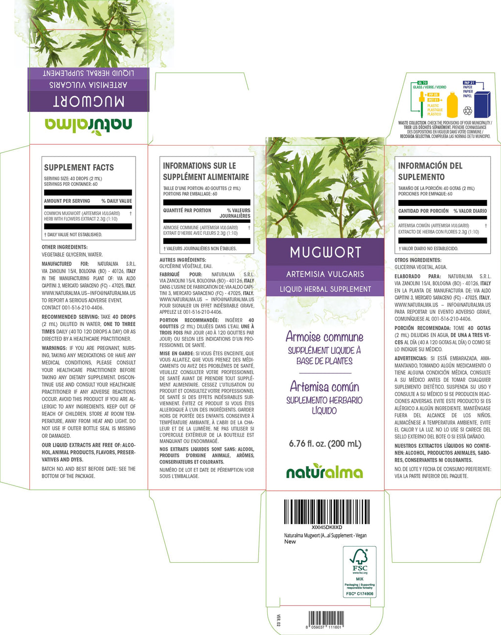 Naturalma Mugwort Tincture 1:10 | Alcohol-Free Drops, 6.76 fl oz – Vegan Herbal Supplement