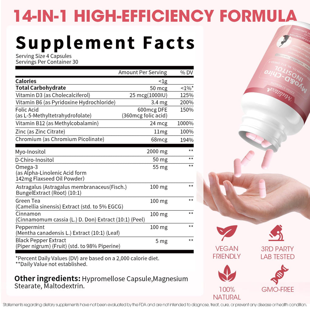 Mulittea Myo-Inositol & D-Chiro Supplement for Women - 14-in-1 Liposomal Inositol, 40:1 Ratio, 120 Vegan Capsules