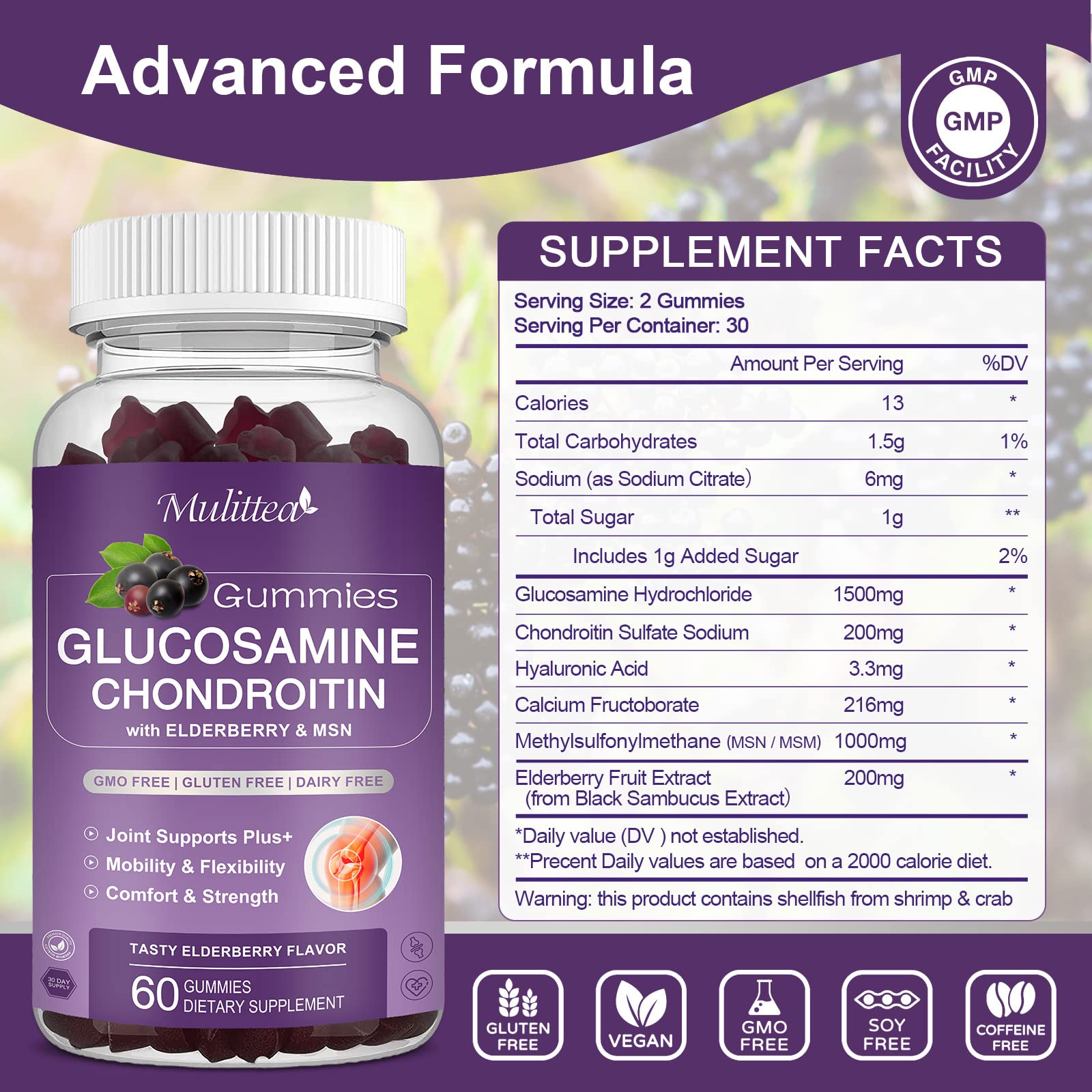 Mulittea Glucosamine Chondroitin Gummies - Extra Strength Joint Support (2 Pack)