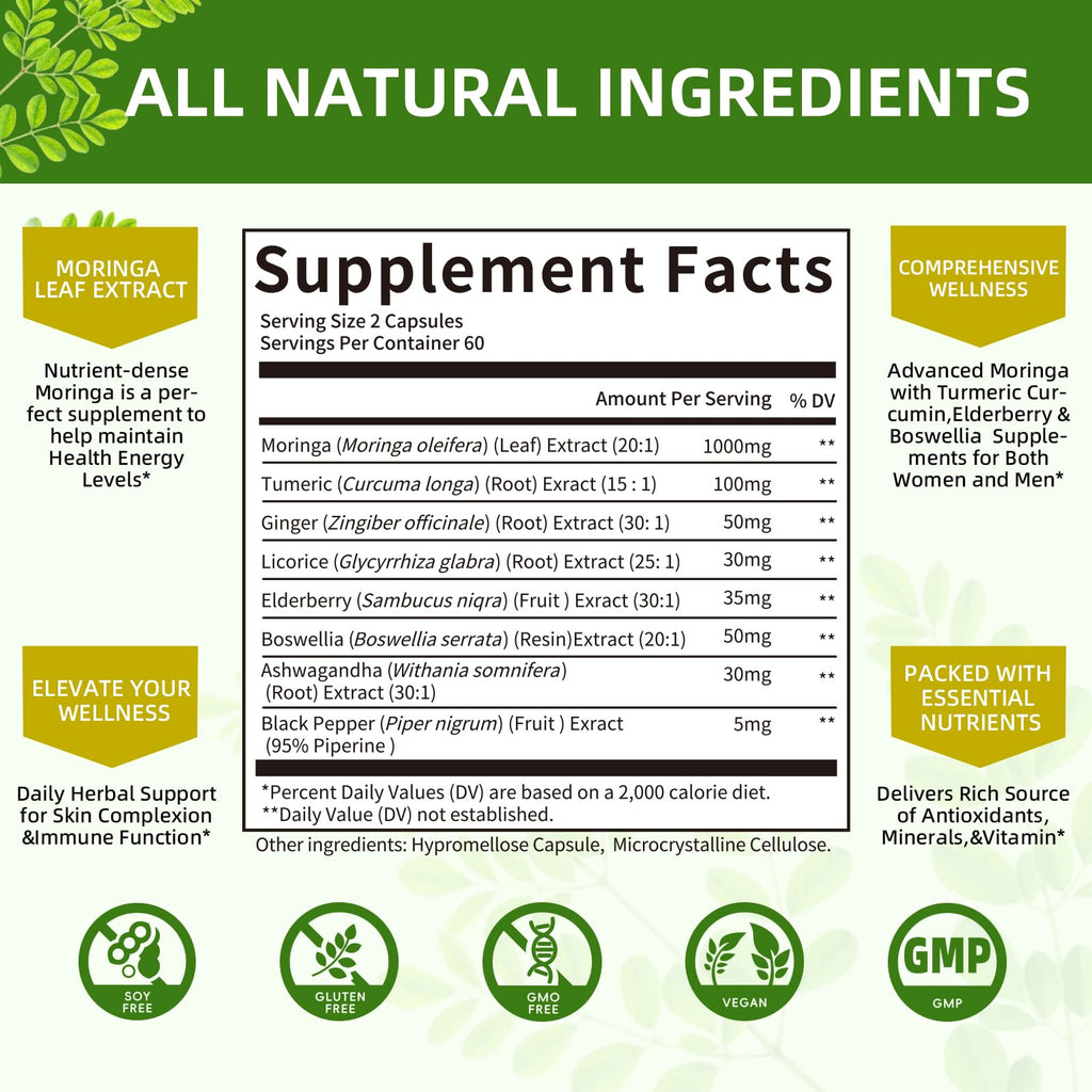 Mulittea Moringa Capsules 1000mg – 7-in-1 Turmeric, Ginger, Elderberry & Boswellia | 120 Vegan Capsules (2-Pack)