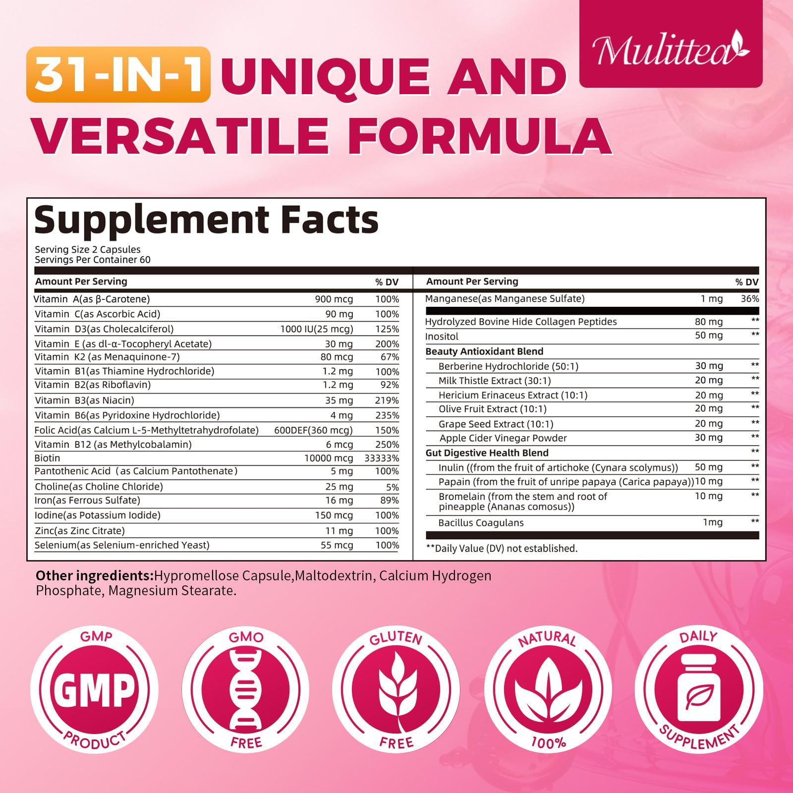 Mulittea Women Multivitamin – 120 CT, Biotin 10000mcg, A, C, D, E