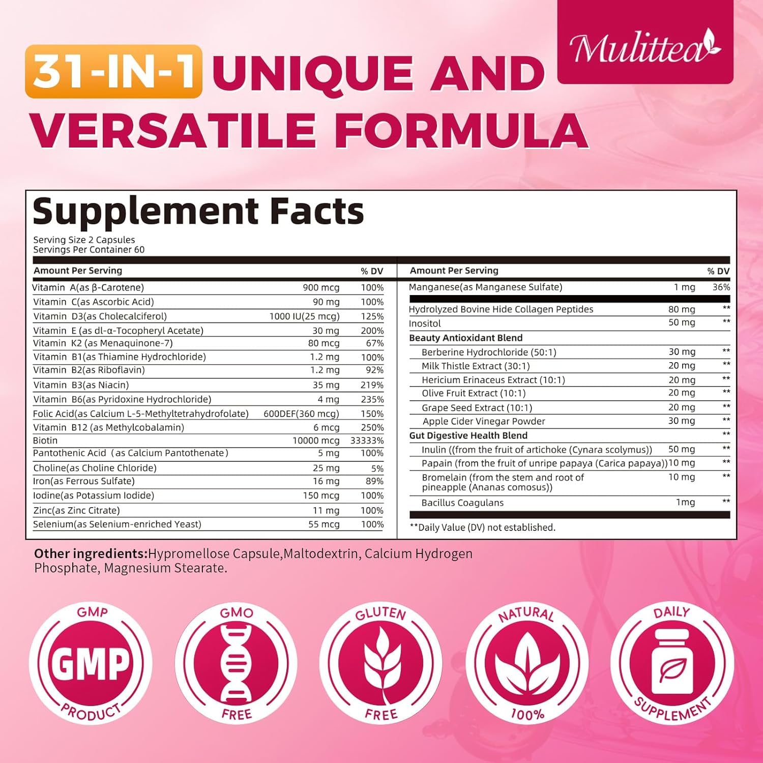 Mulittea Women's Multivitamin 120 CT (2 Pack) - Biotin 10000mcg, Methylated B9/B12
