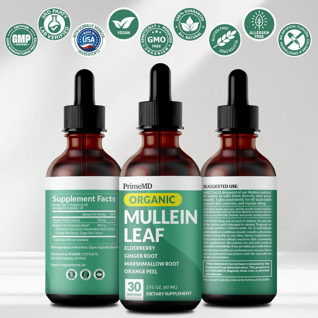 PrimeMD 5-in-1 Mullein Drops for Lungs – Respiratory Support (4-Pack, 120 Servings)